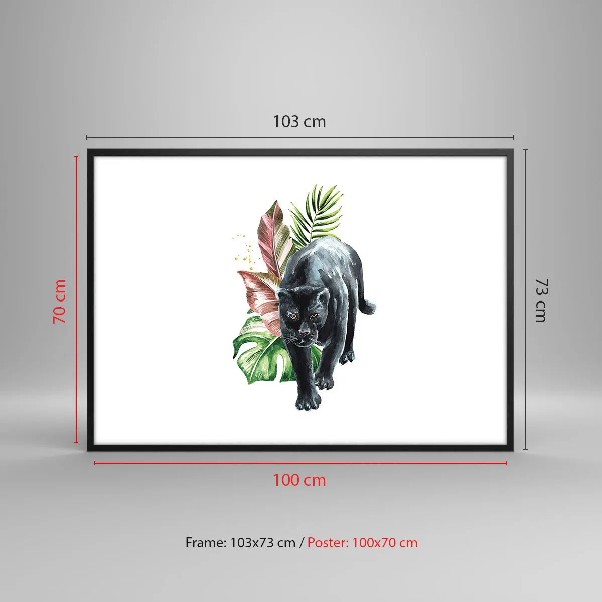 Poster in cornice nera - Pantera nera circondata da foglie tropicali - 100x70cm - Cuore selvaggio - Decorazione murale moderna per soggiorno e camera da letto ARTTOR