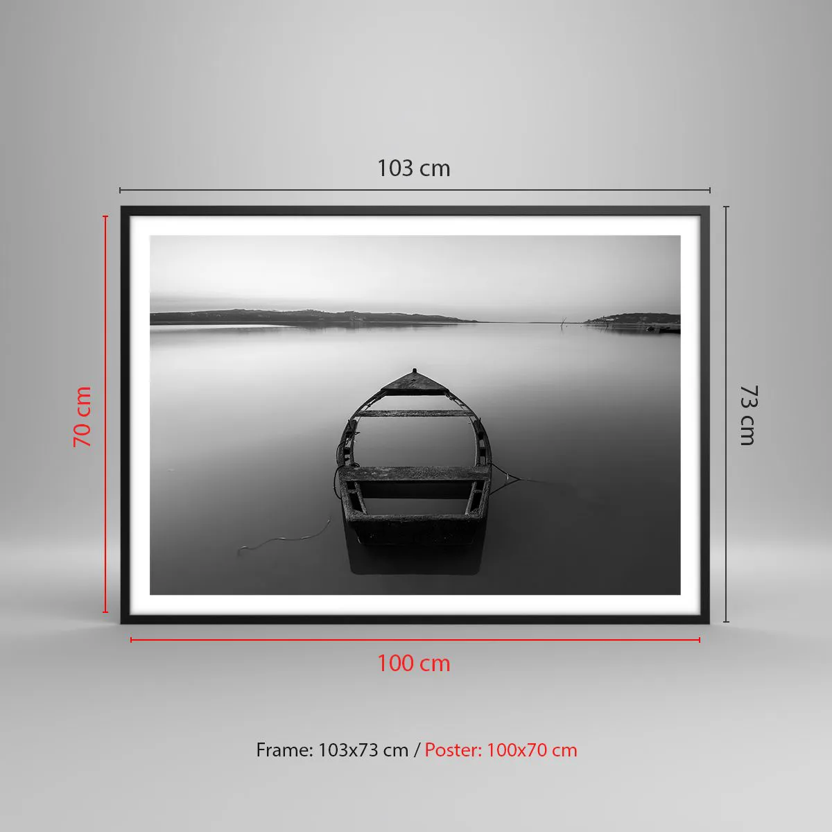 Poster in cornice nera - Una barca solitaria su un lago calmo nei toni del bianco e del nero - 100x70cm - Nostalgia e malinconia - Decorazione murale moderna per soggiorno e camera da letto ARTTOR