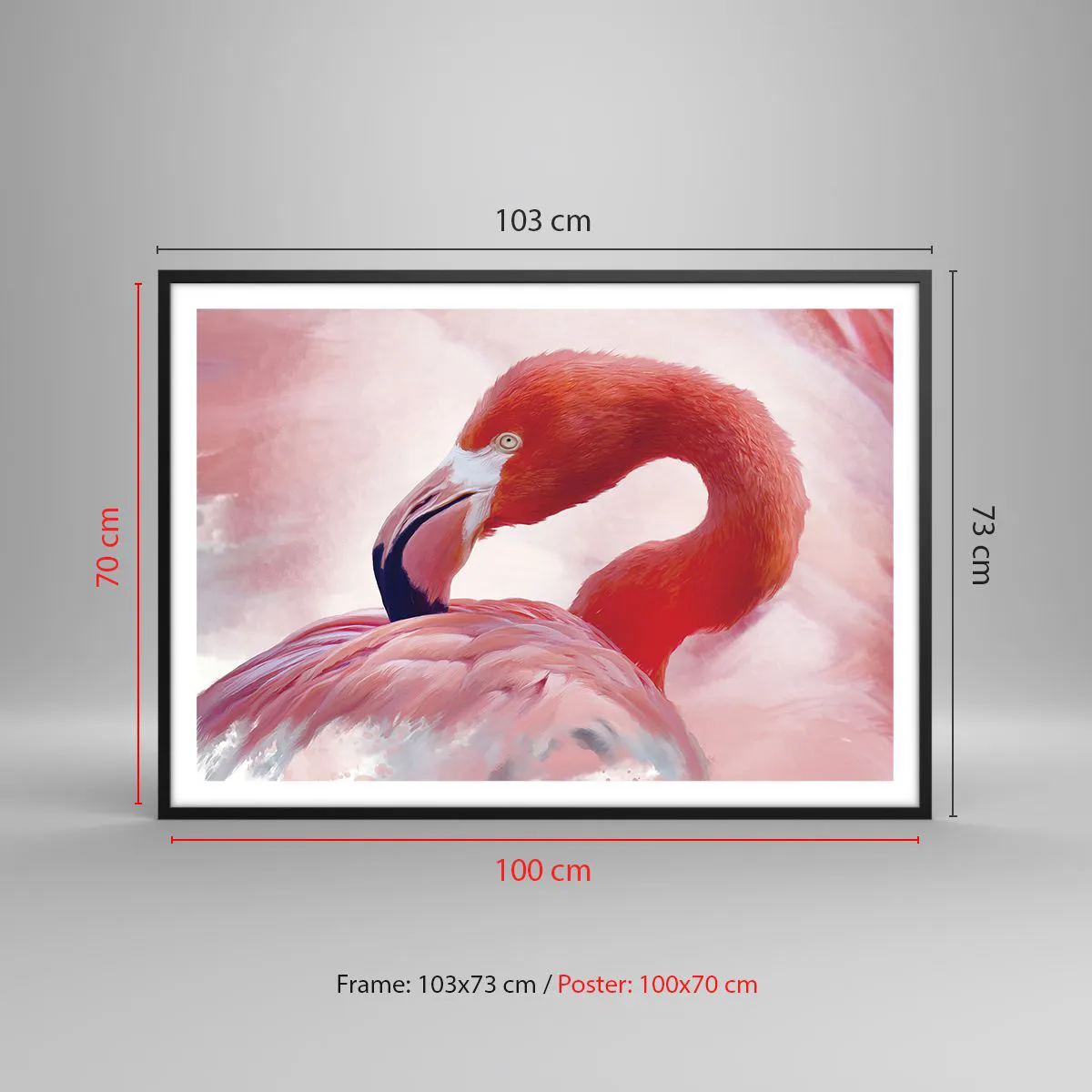 Affiche dans un cadre noir - Poster - Un flamant rose aux tons roses sur fond clair - 100x70cm - Beauté des oiseaux - Décoration murale moderne pour le salon et la chambre ARTTOR