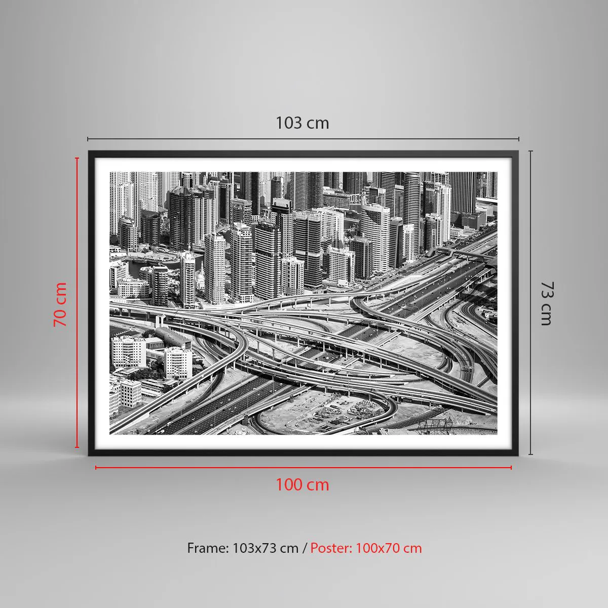 Poster in einem schwarzem Rahmen - Dubai aus der Vogelperspektive - 100x70cm - Dubai - die unmögliche Stadt - Moderne Wanddekoration für Wohnzimmer und Schlafzimmer ARTTOR