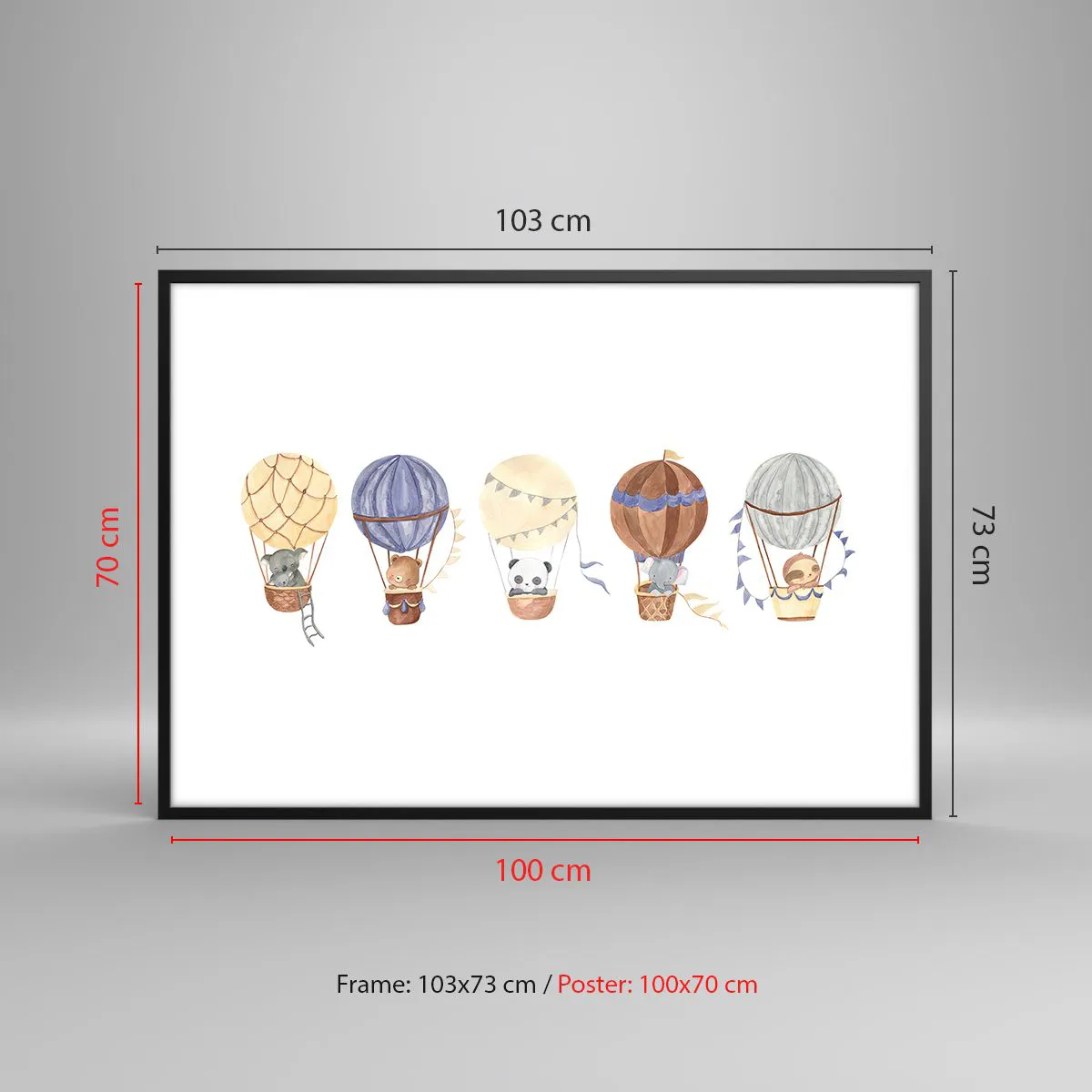 Affiche dans un cadre noir - Poster - Animaux mignons dans des ballons sur fond blanc - 100x70cm - Compagnons de voyage - Décoration murale moderne pour le salon et la chambre ARTTOR