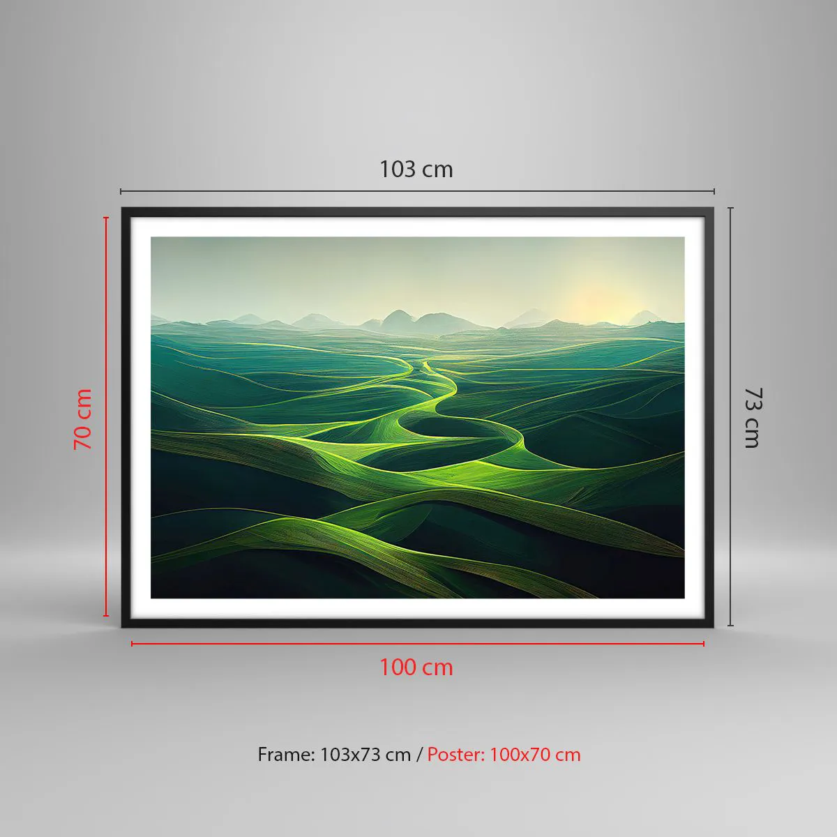 Affiche dans un cadre noir - Poster - Collines verdoyantes avec des sentiers vallonnés - 100x70cm - Dans les vallées verdoyantes - Décoration murale moderne pour le salon et la chambre ARTTOR
