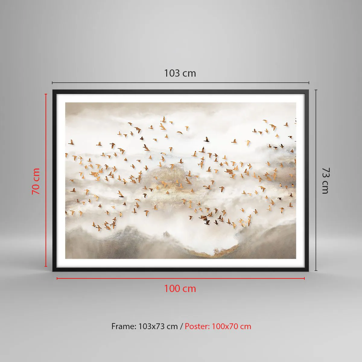 Affiche dans un cadre noir - Poster - Oiseaux dorés contre les montagnes brumeuses - 100x70cm - Il est l'heure… - Décoration murale moderne pour le salon et la chambre ARTTOR