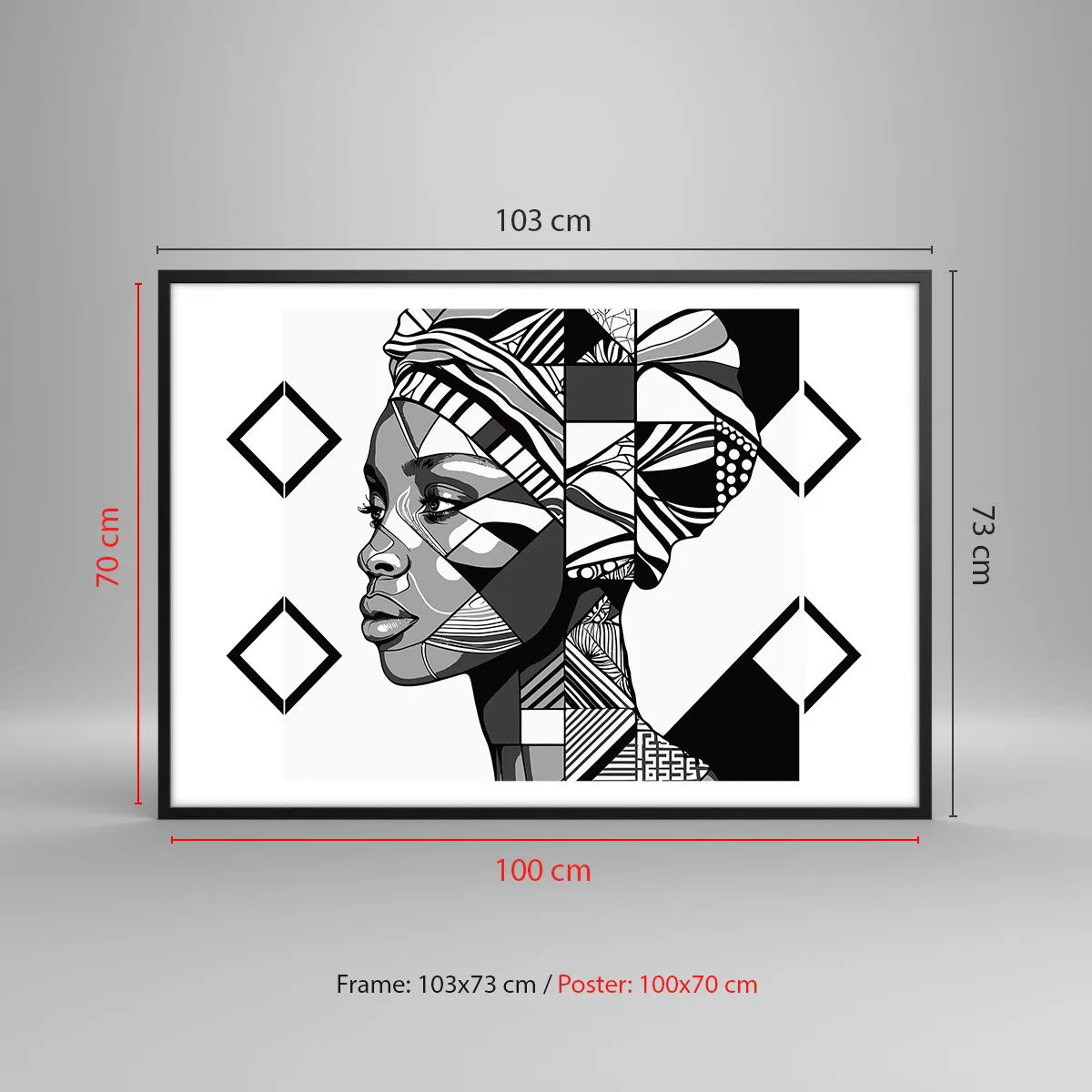 Poster in cornice nera - Ritratto in bianco e nero di una donna in stile etnico - 100x70cm - Ritratto etnico - Decorazione murale moderna per soggiorno e camera da letto ARTTOR