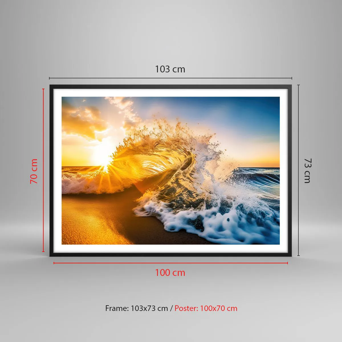 Poster in cornice nera - Un'onda dorata sullo sfondo del sole al tramonto - 100x70cm - Gioco sulla sabbia - Decorazione murale moderna per soggiorno e camera da letto ARTTOR