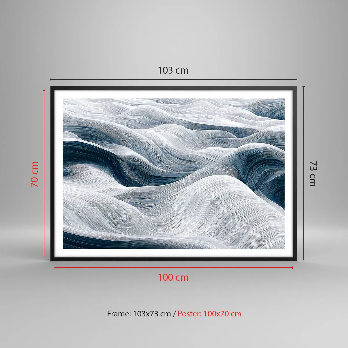 Affiche dans un cadre noir - Poster - Lignes ondulées dans des tons de bleu et de blanc - 100x70cm - Vagues blanches et bleues - Décoration murale moderne pour le salon et la chambre ARTTOR