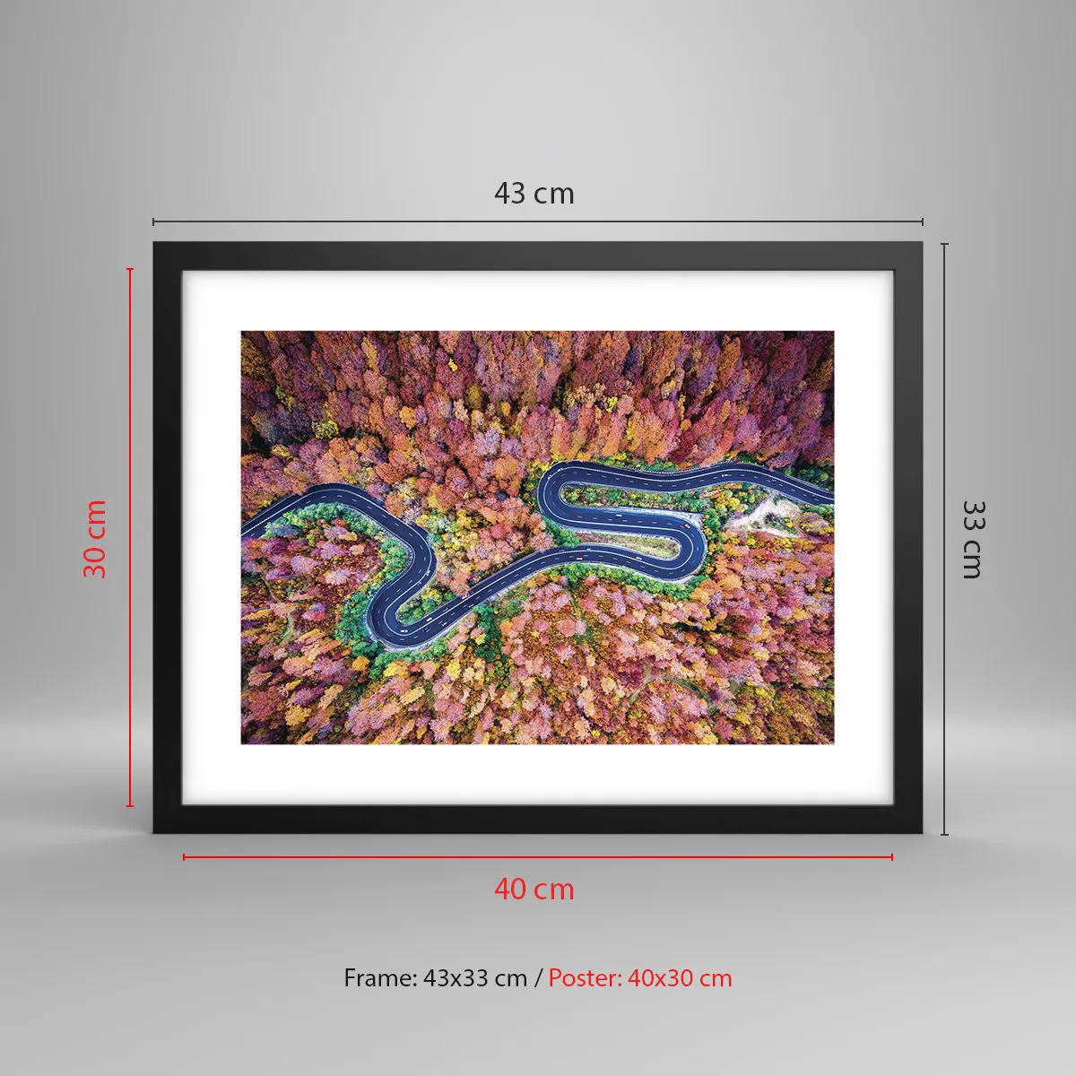 Poszter fehér keretben - Kanyargós út az erdőn keresztül - 40x30 cm