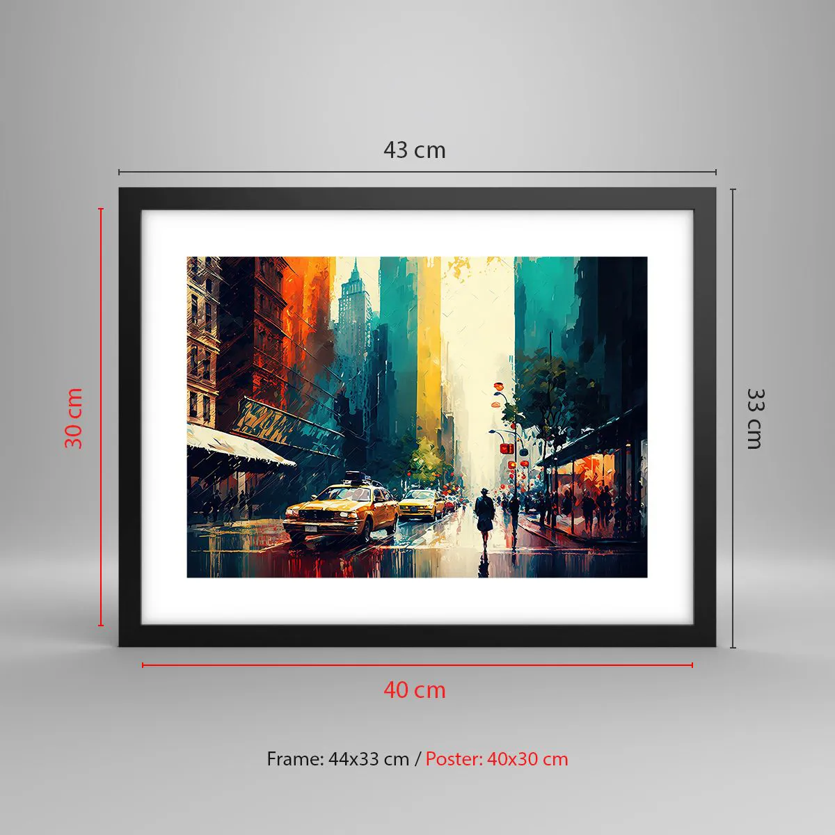 Poster in einem schwarzem Rahmen - New York – selbst der Regen ist hier bunt - 40x30 cm