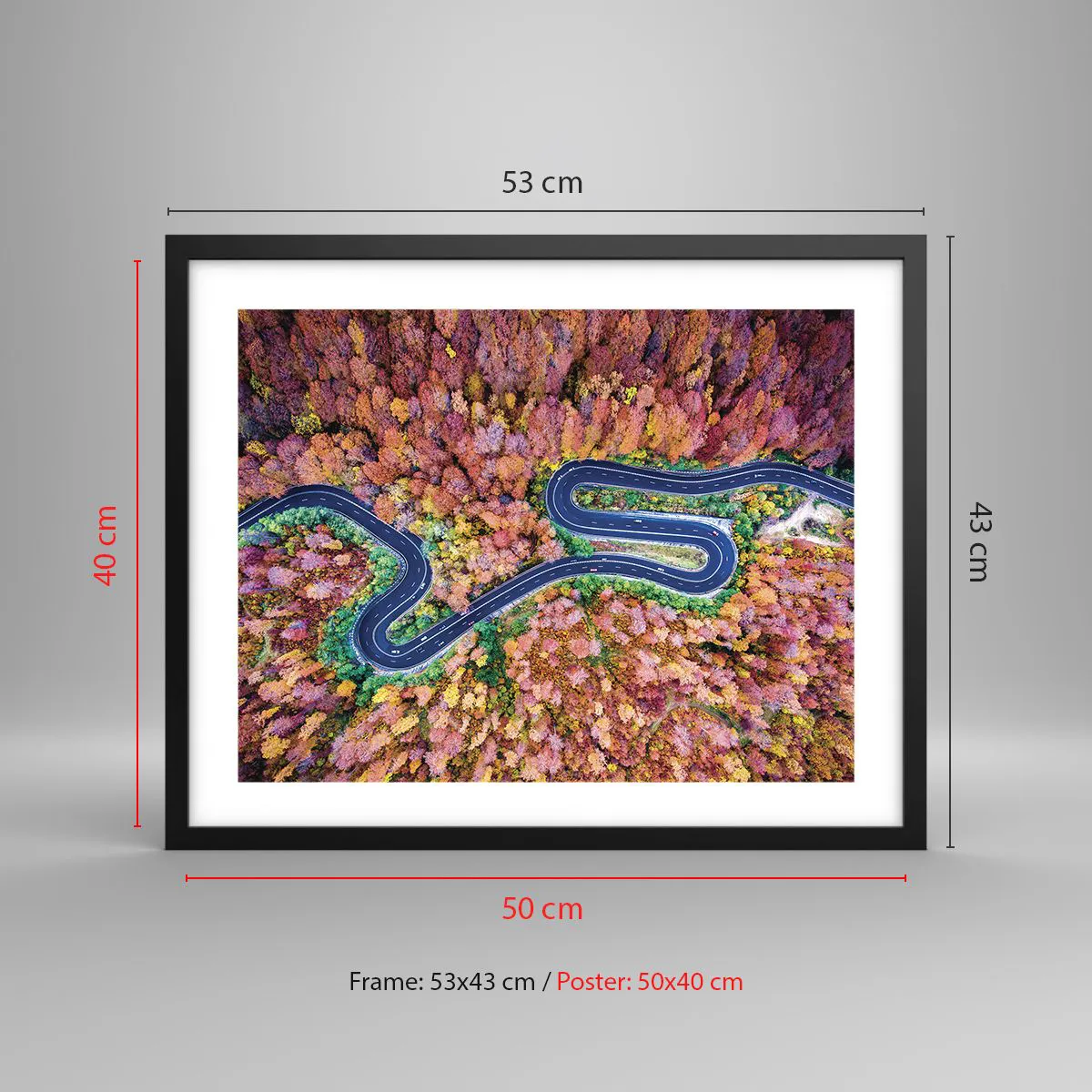 Poszter fehér keretben - Kanyargós út az erdőn keresztül - 50x40 cm