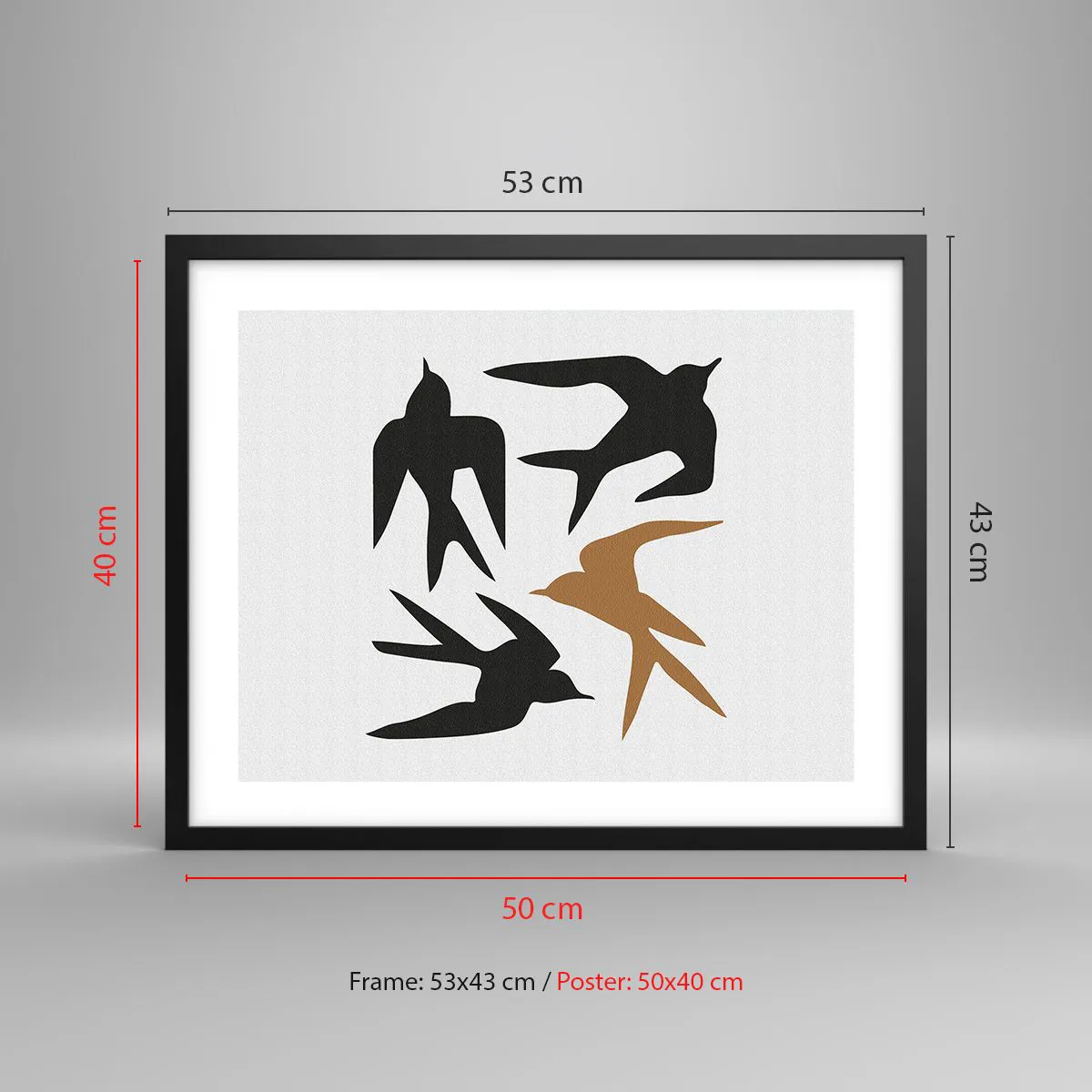 Poster in een zwarte lijst - Zwaluwen spel - 50x40 cm