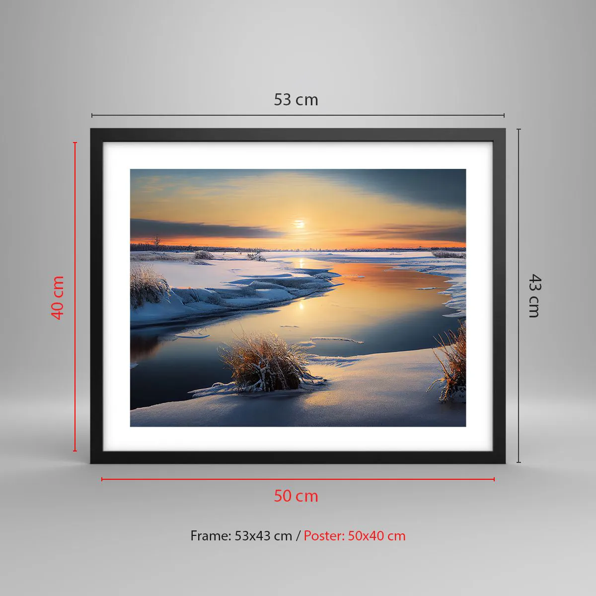 Affisch i svart ram - Vintersolnedgång - 50x40 cm