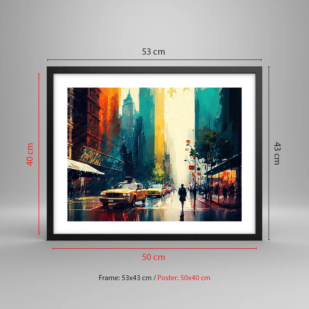 Poster in einem schwarzem Rahmen - New York – selbst der Regen ist hier bunt - 50x40 cm