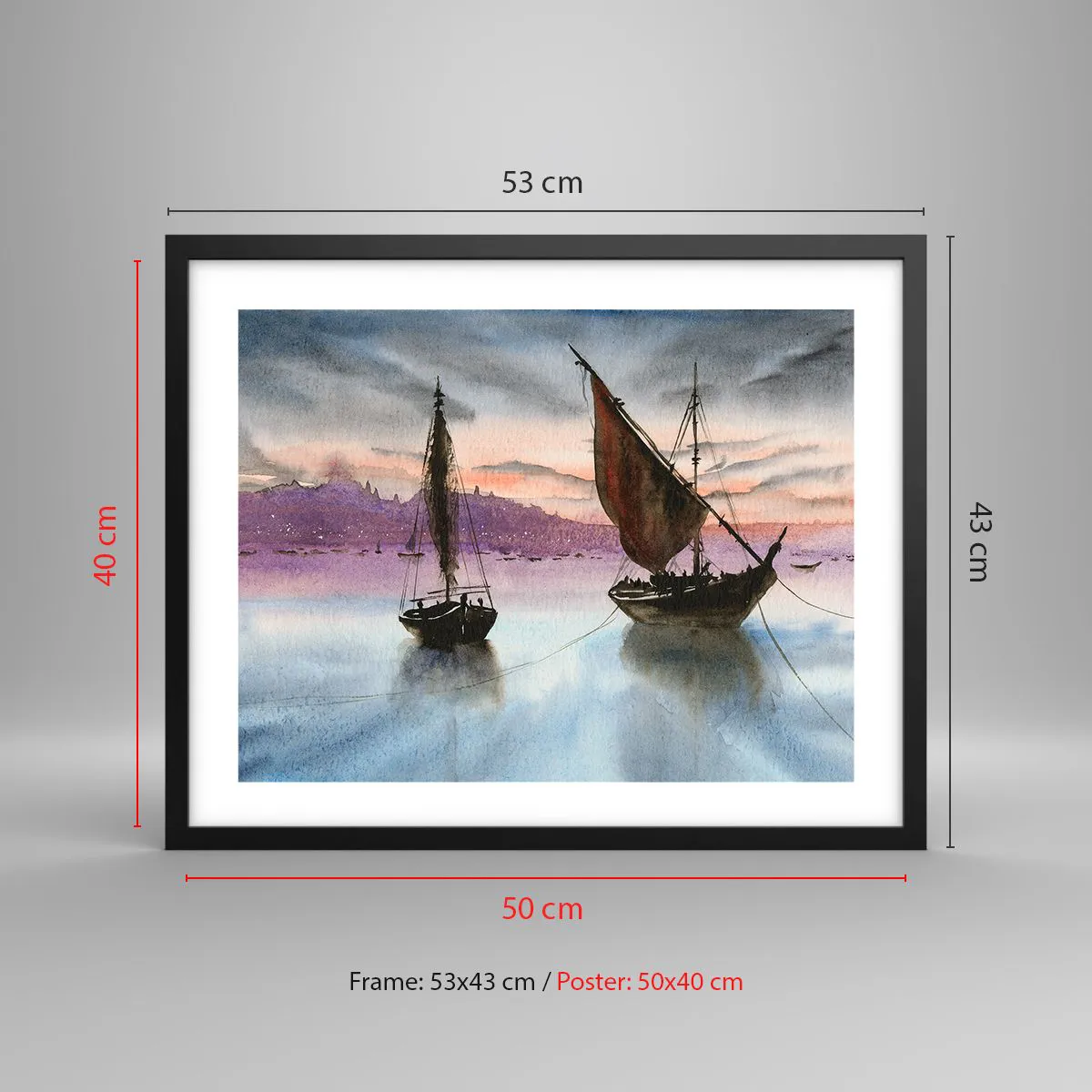 Affiche dans un cadre noir - Poster - Soirée au port - 50x40 cm