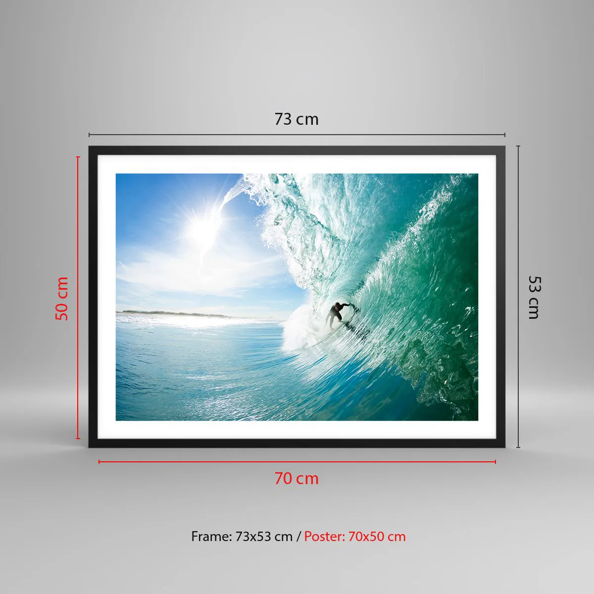 Plakat w czarnej ramie - Surfer na fali w świetle słońca na tle błękitnego nieba - 70x50cm - Zawsze na fali - Nowoczesna dekoracja ścienna do salonu i sypialni ARTTOR