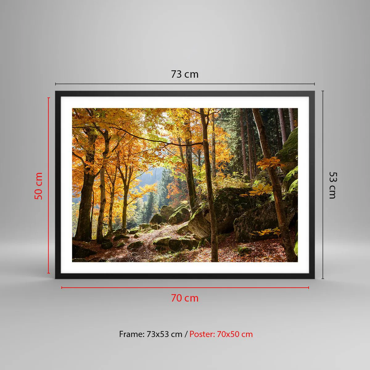Poster in einem schwarzem Rahmen - Ein Herbstwald voller goldener Blätter und Sonnenlicht - 70x50cm - Zeit zum Entspannen - Moderne Wanddekoration für Wohnzimmer und Schlafzimmer ARTTOR