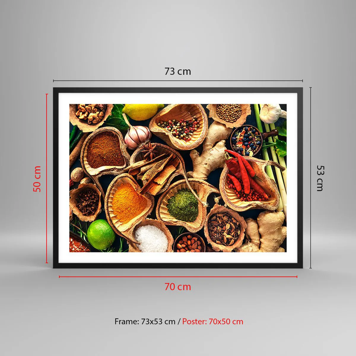 Póster en marco negro - Cuencos de especias en diferentes colores. - 70x50cm - Toma lo que quieras - Decoración de pared moderna para salón y dormitorio ARTTOR