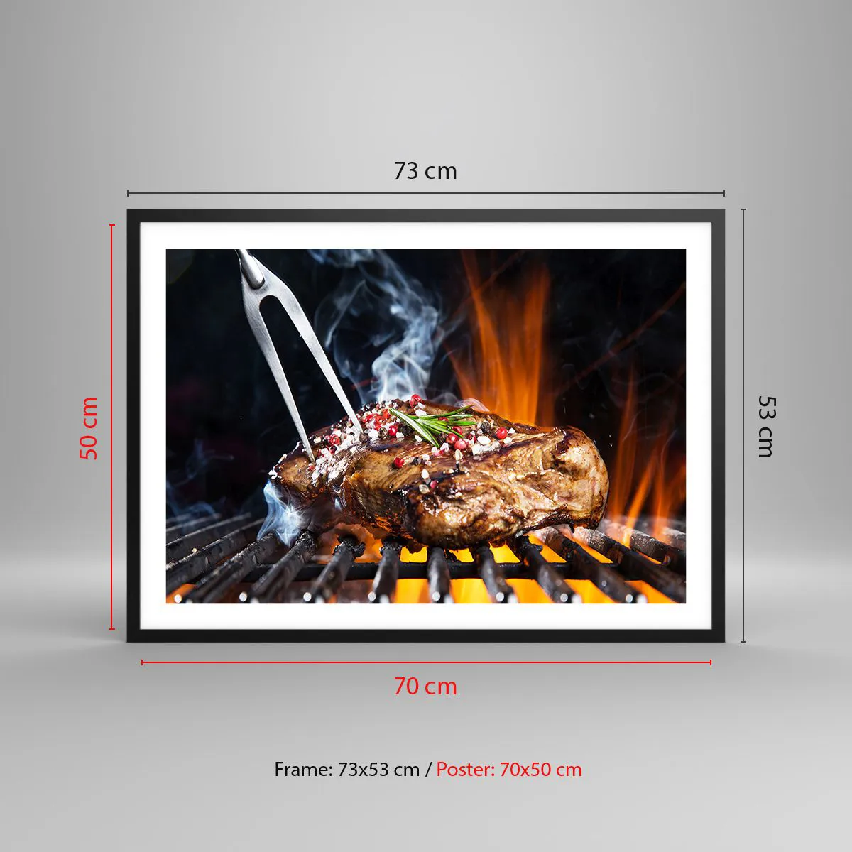 Plakat w czarnej ramie - Grillowany stek na ruszcie z przyprawami - 70x50cm - Soczyste i wonne - Nowoczesna dekoracja ścienna do salonu i sypialni ARTTOR