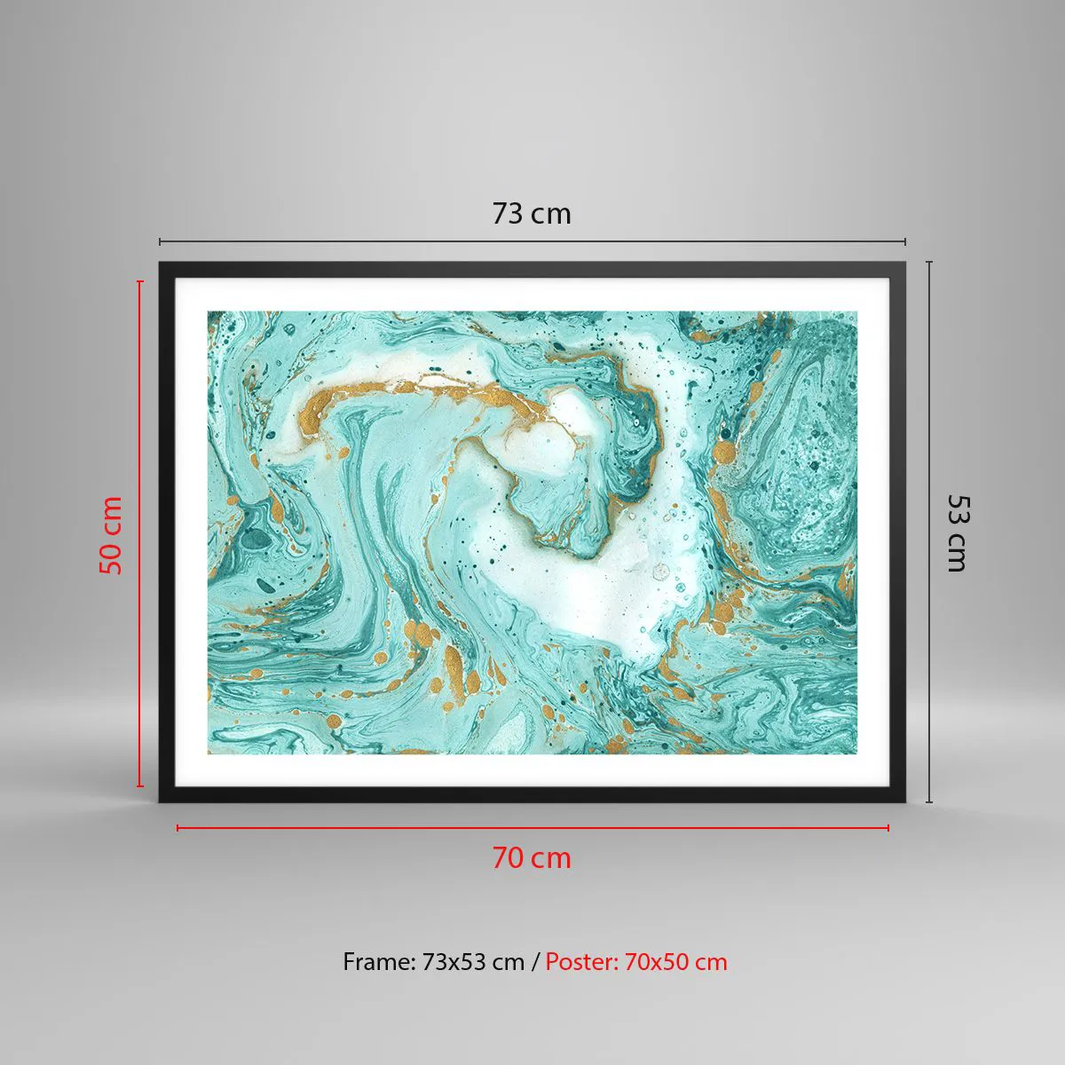 Plakat w czarnej ramie - Turkusowy marmur z akcentami złota w abstrakcyjnej kompozycji - 70x50cm - Pod wielką falą z epoki Edo - Nowoczesna dekoracja ścienna do salonu i sypialni ARTTOR