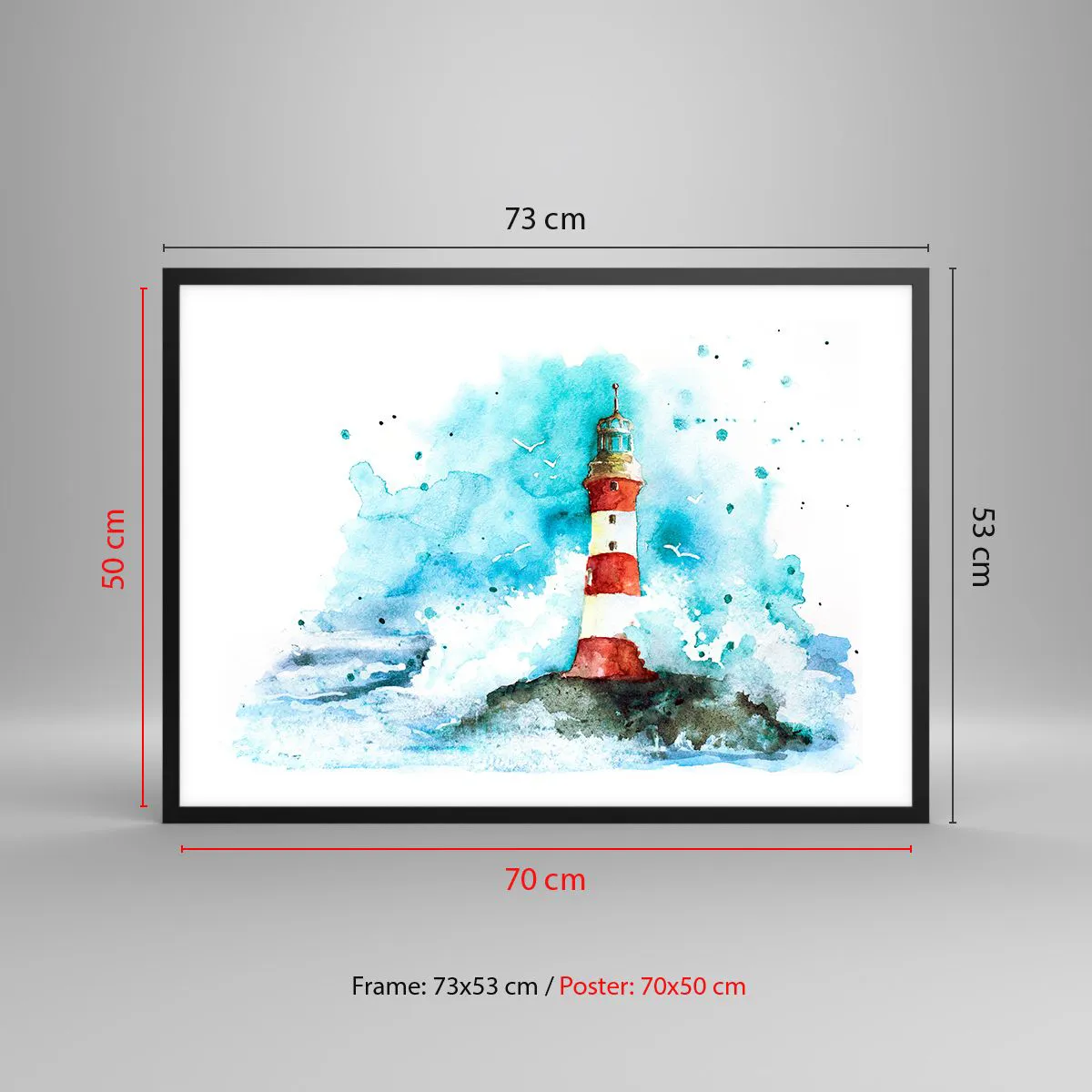 Affiche dans un cadre noir - Poster - Un phare dans un décor aquarelle sur fond bleu - 70x50cm - Unité des éléments - Décoration murale moderne pour le salon et la chambre ARTTOR