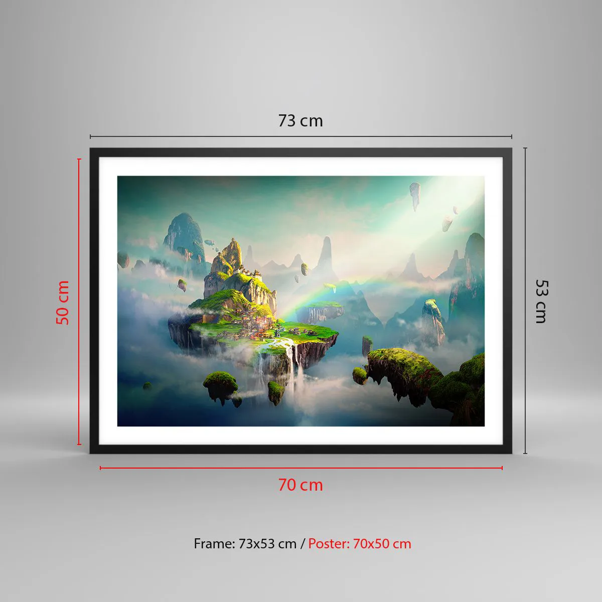 Poster in einem schwarzem Rahmen - Fliegende Inseln zwischen den Wolken mit einem Regenbogen am Horizont - 70x50cm - Mitten am Himmel - glückliche Inseln - Moderne Wanddekoration für Wohnzimmer und Schlafzimmer ARTTOR