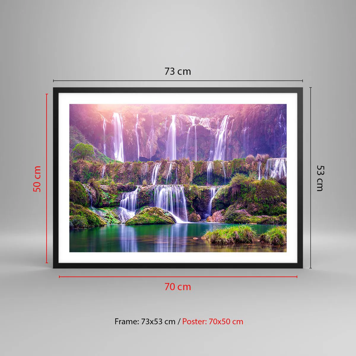 Poster in einem schwarzem Rahmen - Wasserfälle umgeben von Grün mit pastellfarbener Beleuchtung - 70x50cm - Treppe zum Himmel - Moderne Wanddekoration für Wohnzimmer und Schlafzimmer ARTTOR