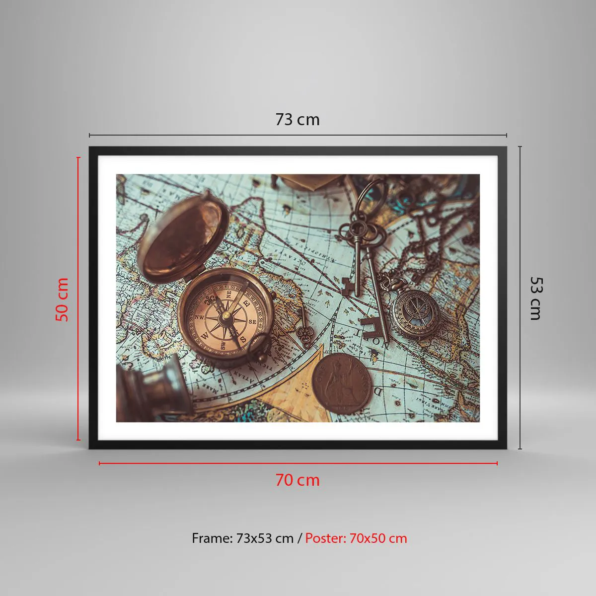Póster en marco negro - Composición con brújula, llaves y un mapa antiguo en estilo retro - 70x50cm - Para el aventurero - Decoración de pared moderna para salón y dormitorio ARTTOR