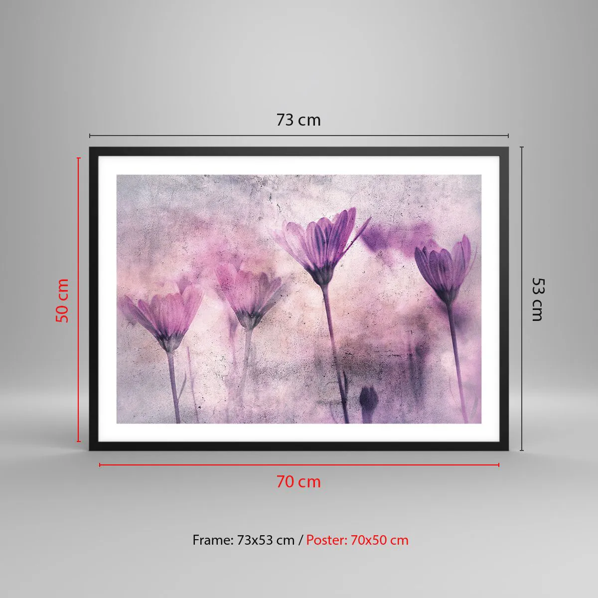 Affiche dans un cadre noir - Poster - Fleurs délicates dans des tons violets sur fond clair - 70x50cm - Rêve de fleurs - Décoration murale moderne pour le salon et la chambre ARTTOR