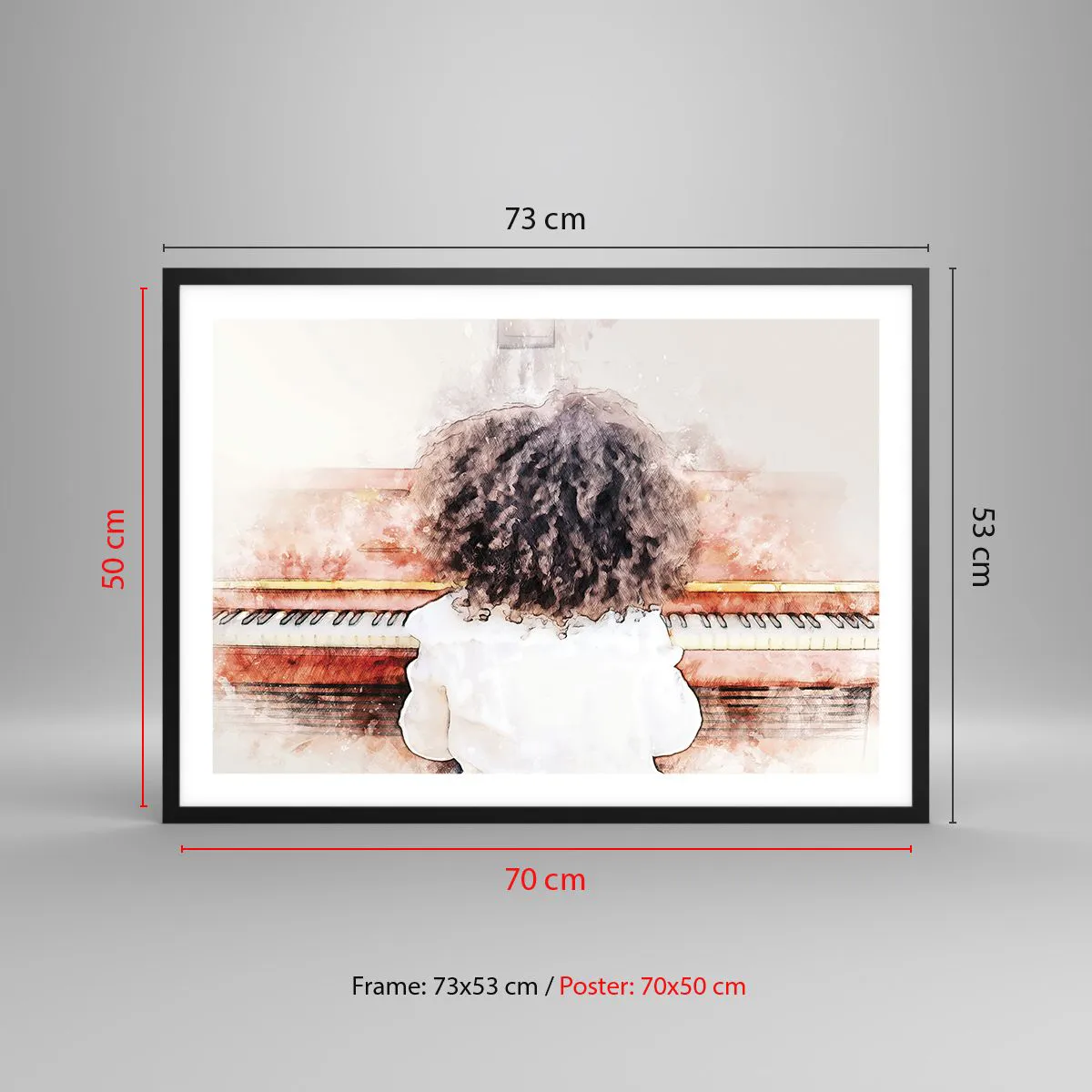 Poster in einem schwarzem Rahmen - Ein Mädchen mit buschigem Haar am Klavier - 70x50cm - In der neuen Welt - Moderne Wanddekoration für Wohnzimmer und Schlafzimmer ARTTOR