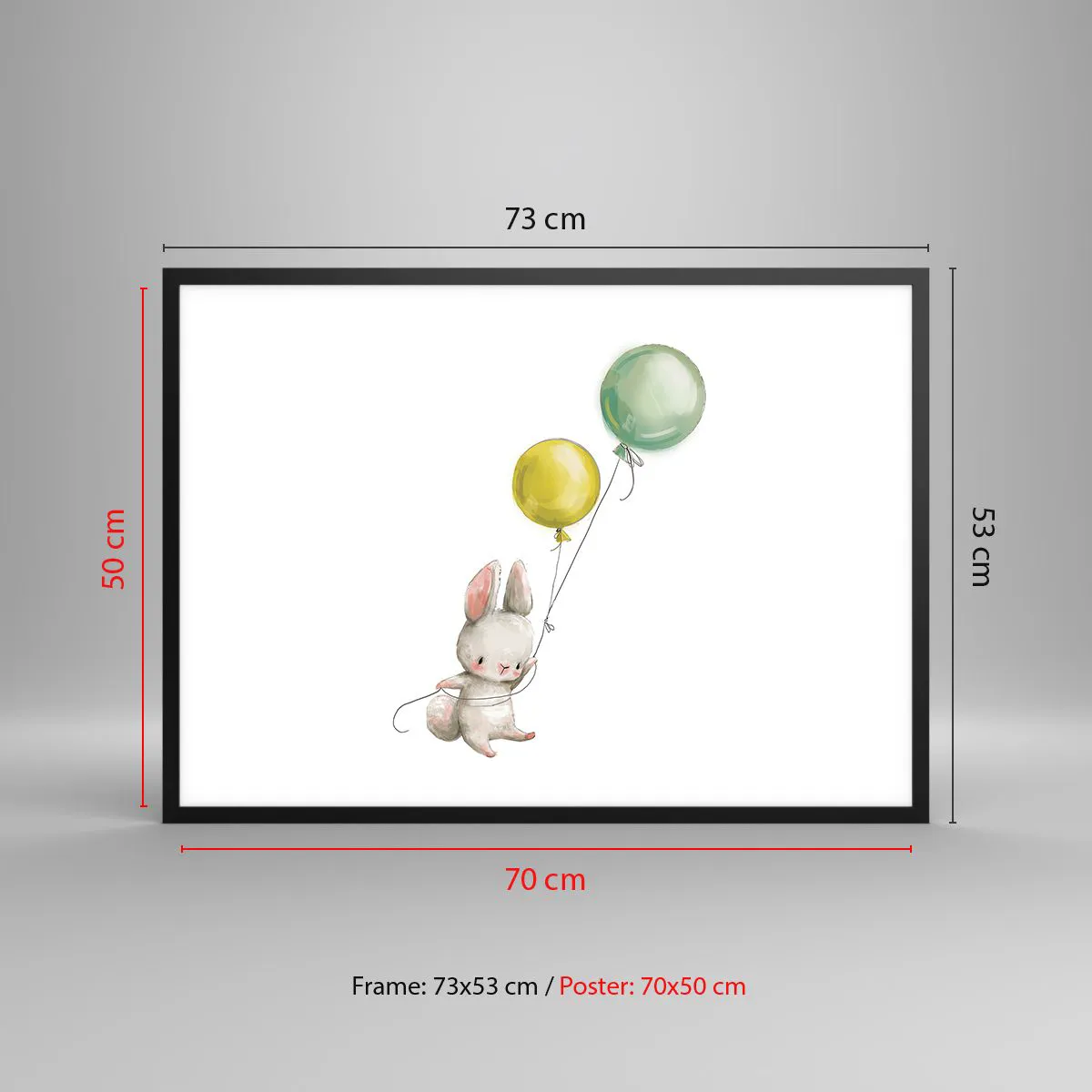 Affiche dans un cadre noir - Poster - Un lapin tenant des ballons aux couleurs pastel - 70x50cm - Moi aussi je vole! - Décoration murale moderne pour le salon et la chambre ARTTOR