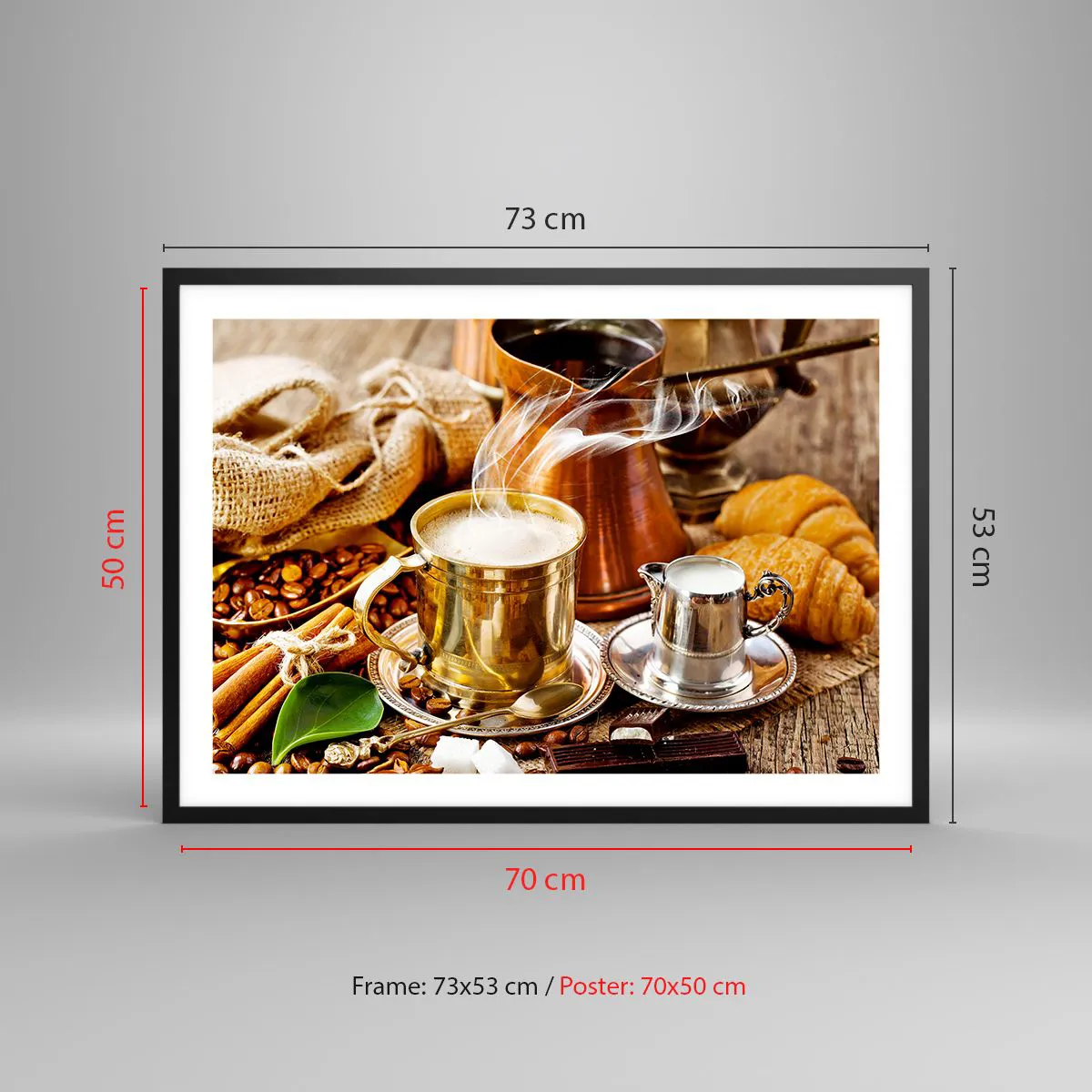 Plakat w czarnej ramie - Złoty kubek z kawą w otoczeniu ziaren, dzbanuszków i croissantów - 70x50cm - Miłego dnia! - Nowoczesna dekoracja ścienna do salonu i sypialni ARTTOR