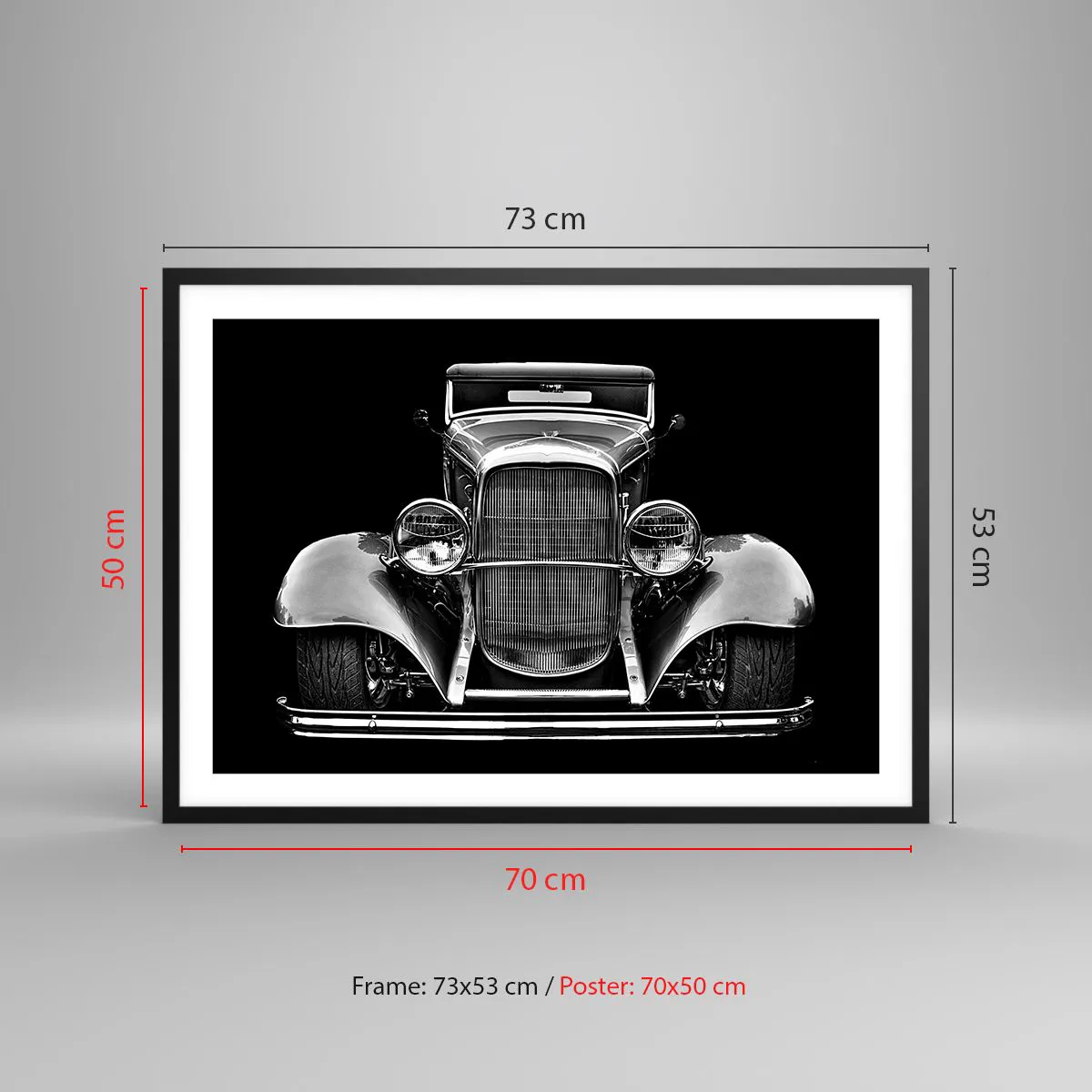 Poster in einem schwarzem Rahmen - Ein Oldtimer in Schwarz und Weiß - 70x50cm - Wahrer Gentleman - Moderne Wanddekoration für Wohnzimmer und Schlafzimmer ARTTOR