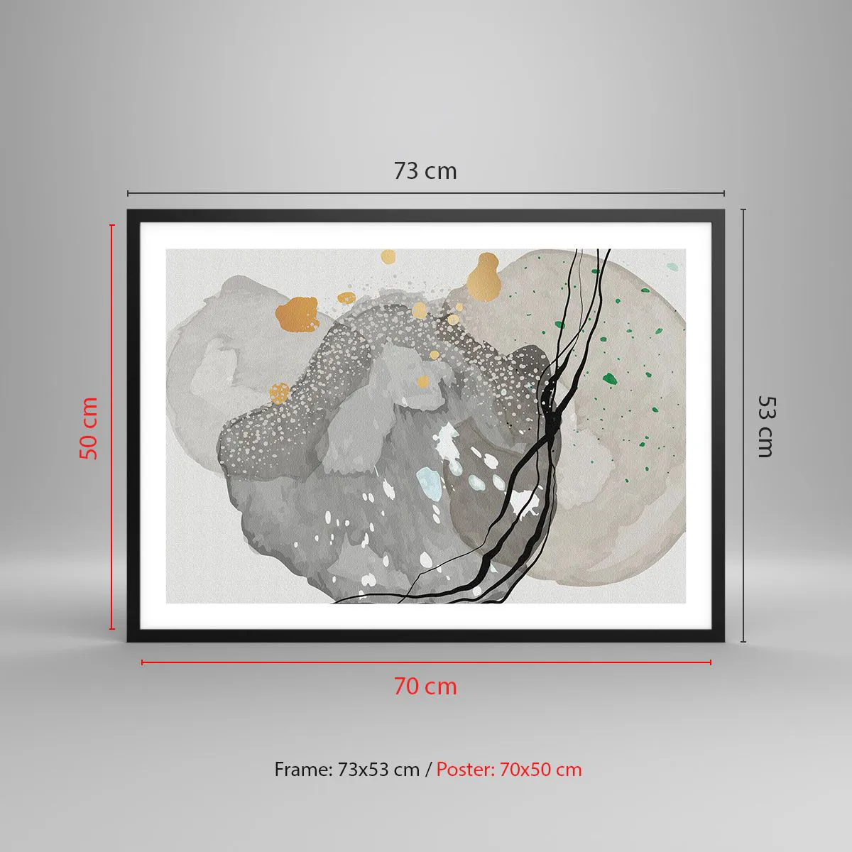 Poster in einem schwarzem Rahmen - Organische Formen in Grautönen mit Akzenten in Schwarz und Gold - 70x50cm - Organische Komposition - Moderne Wanddekoration für Wohnzimmer und Schlafzimmer ARTTOR