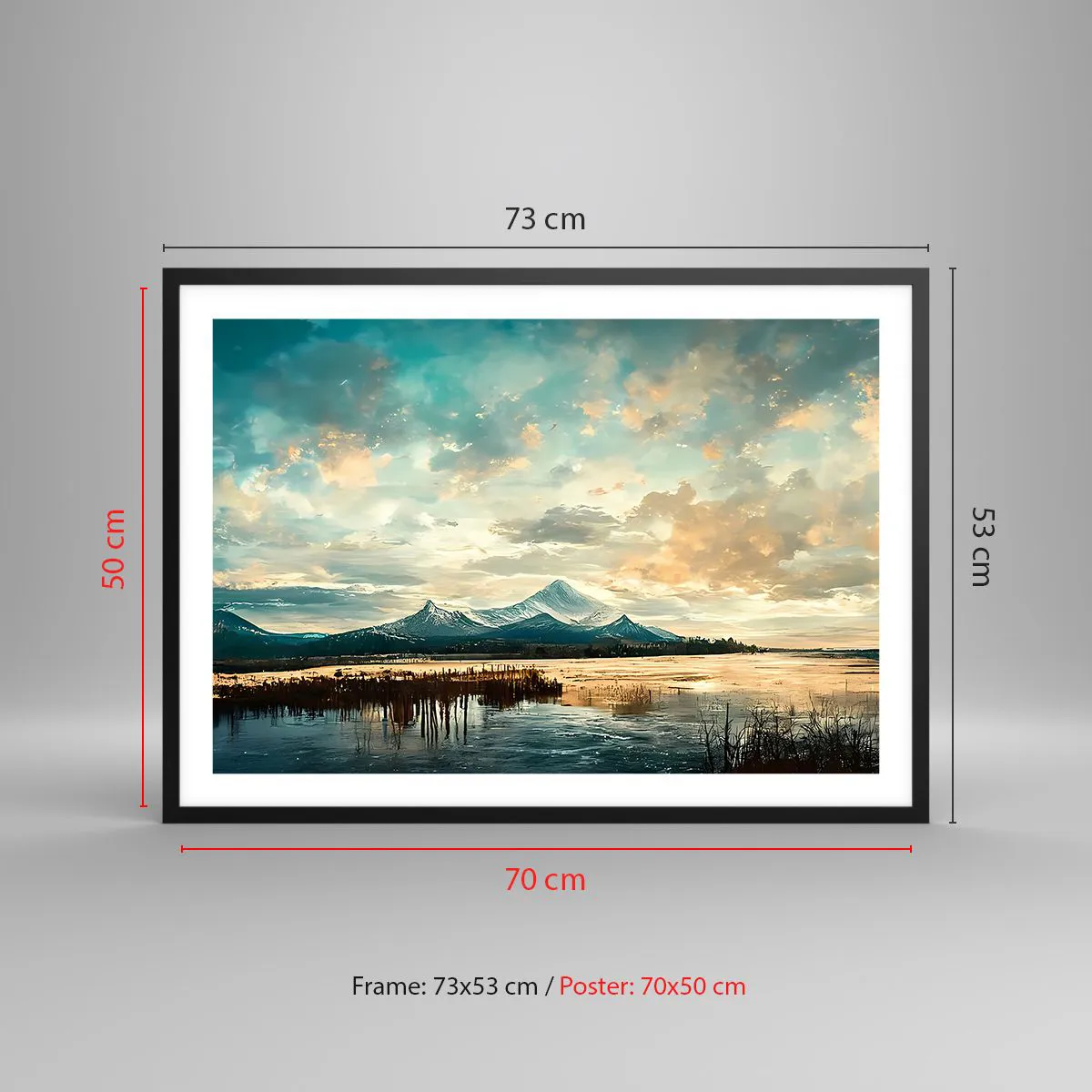 Plakat w czarnej ramie - Malowniczy krajobraz z górą i spokojnym jeziorem - 70x50cm - Pod opieką nieba - Nowoczesna dekoracja ścienna do salonu i sypialni ARTTOR