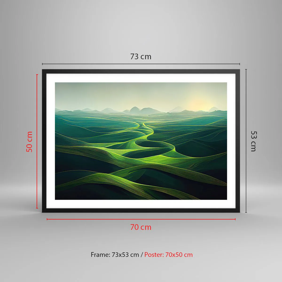 Affiche dans un cadre noir - Poster - Collines verdoyantes avec des sentiers vallonnés - 70x50cm - Dans les vallées verdoyantes - Décoration murale moderne pour le salon et la chambre ARTTOR