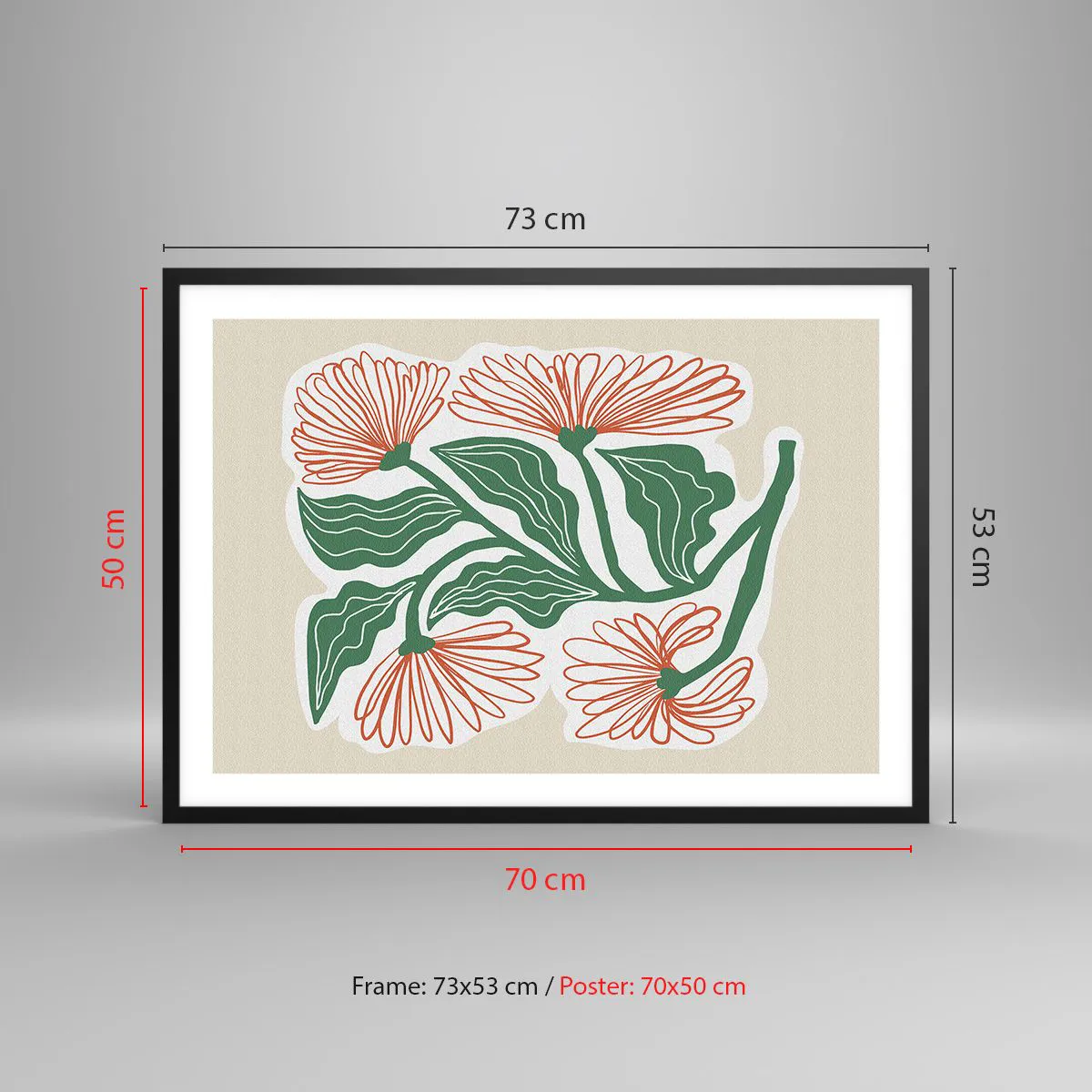 Plakat w czarnej ramie - Rysunek kwiatów w stylu minimalistycznym z zielonymi liśćmi - 70x50cm - Ludowe i nowoczesne - Nowoczesna dekoracja ścienna do salonu i sypialni ARTTOR