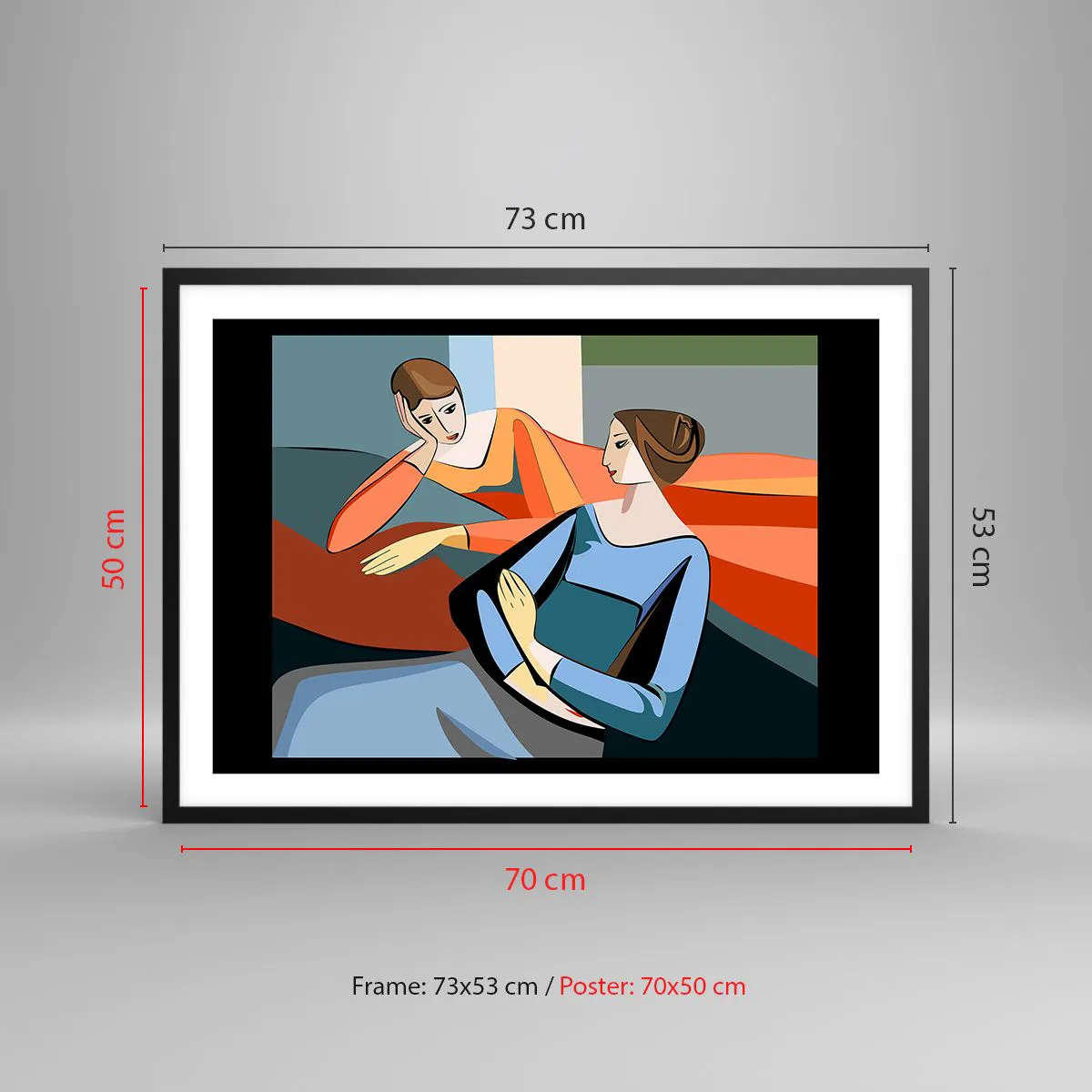 Affiche dans un cadre noir - Poster - Illustration abstraite de deux femmes dans le style cubiste - 70x50cm - Un moment de confiance - Décoration murale moderne pour le salon et la chambre ARTTOR