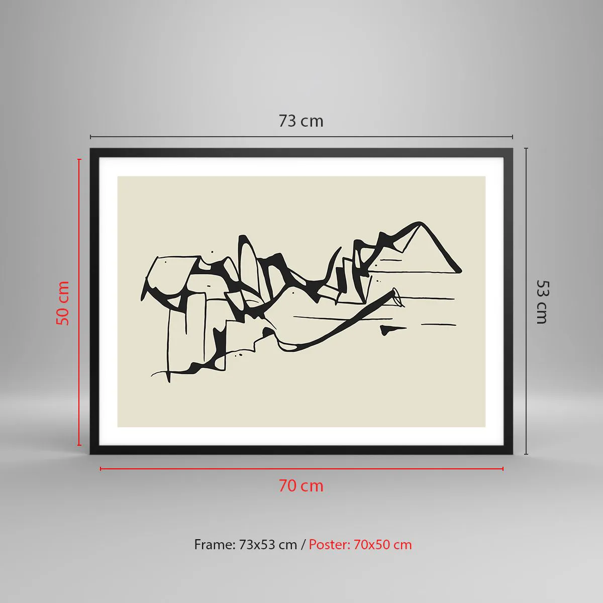 Póster en marco negro - Dibujo abstracto de montañas en blanco y negro - 70x50cm - Tal vez sea un paisaje - Decoración de pared moderna para salón y dormitorio ARTTOR