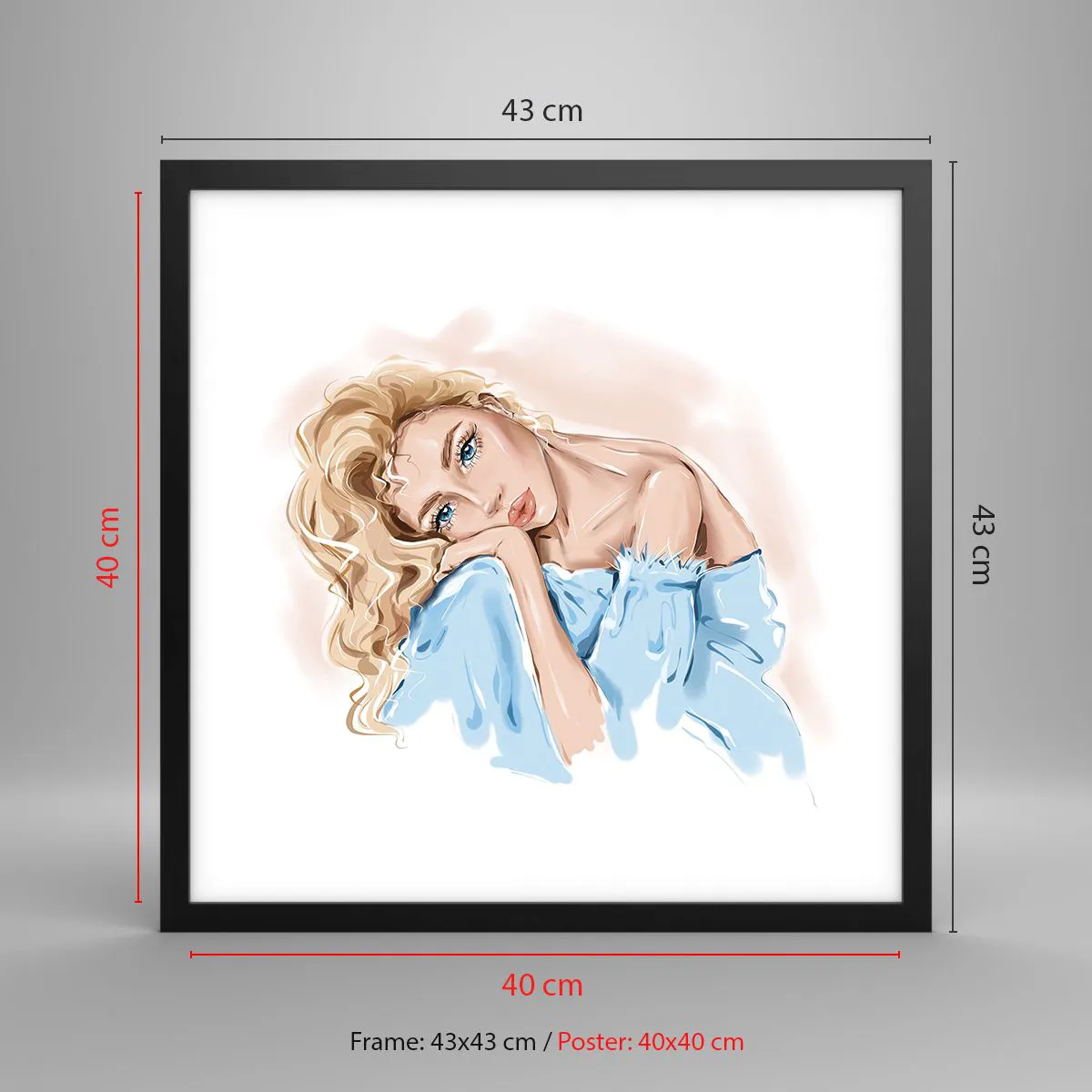 Affiche dans un cadre noir - Poster - Rêveuse en bleu - 40x40 cm