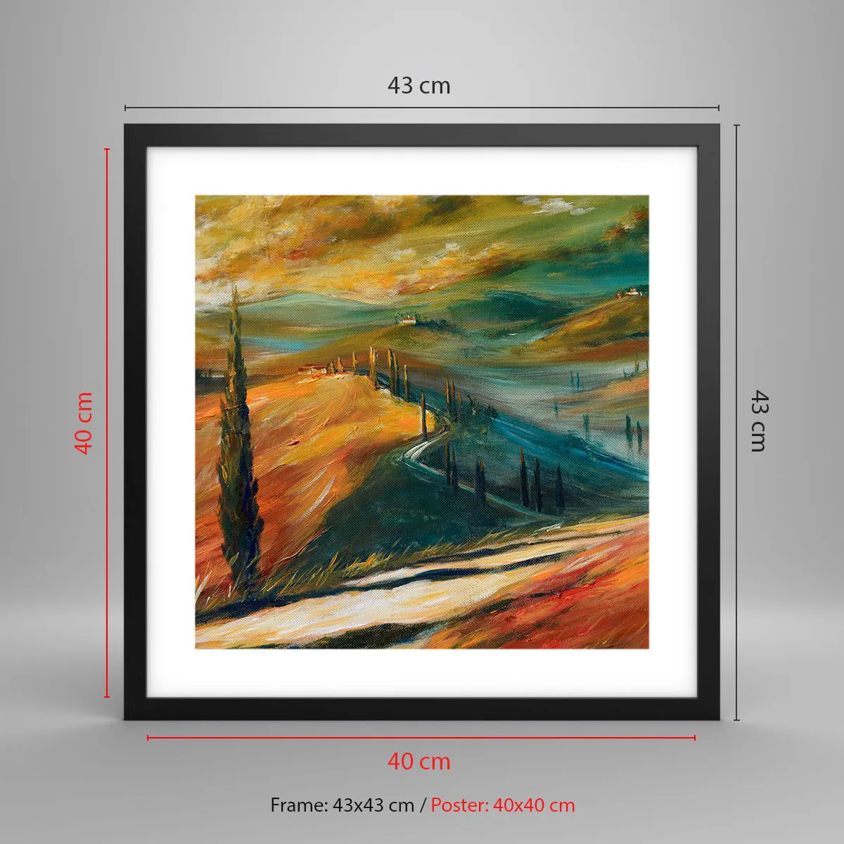 Affiche dans un cadre noir - Poster - paysage toscan - 40x40 cm