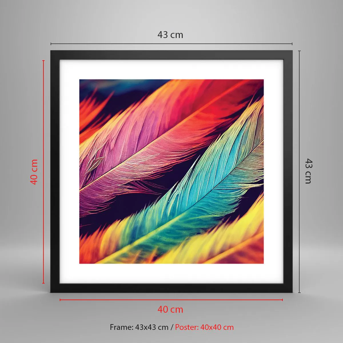 Plakat i sort ramme - Fjeragtig regnbue - 40x40 cm