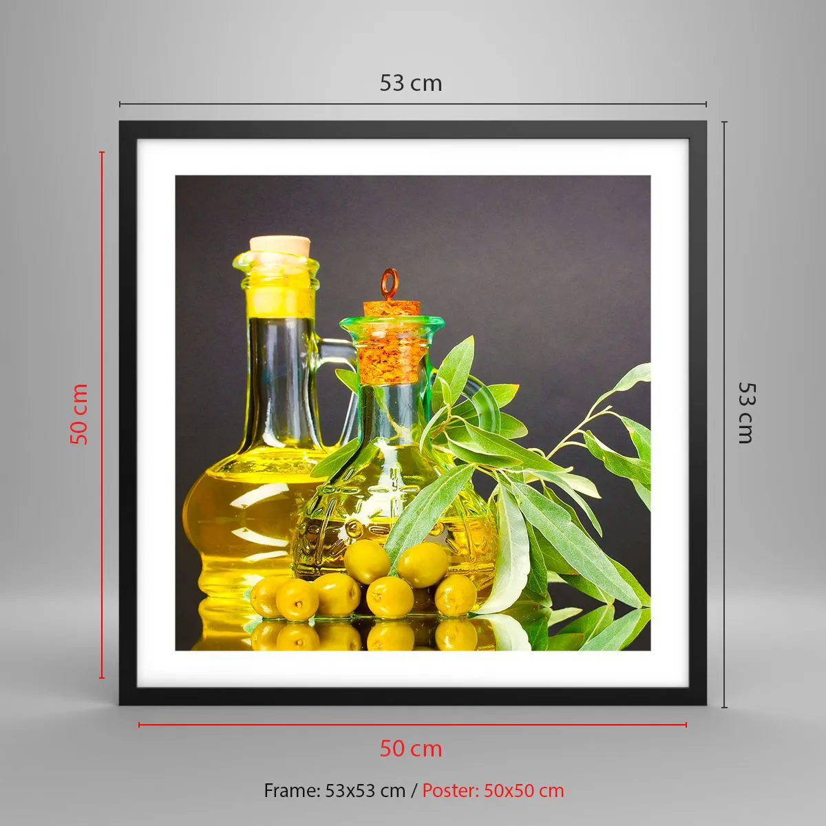 Poster in einem schwarzem Rahmen - Stillleben mit Oliven und Olivenöl - 50x50 cm