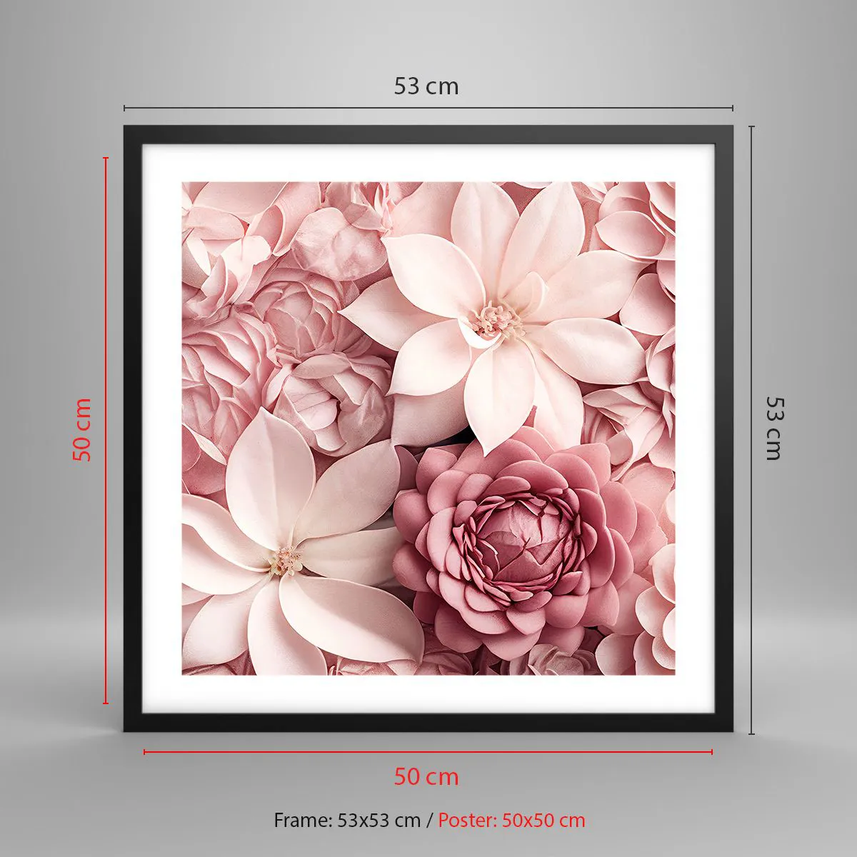 Poster in einem schwarzem Rahmen - In rosa Blütenblättern - 50x50 cm