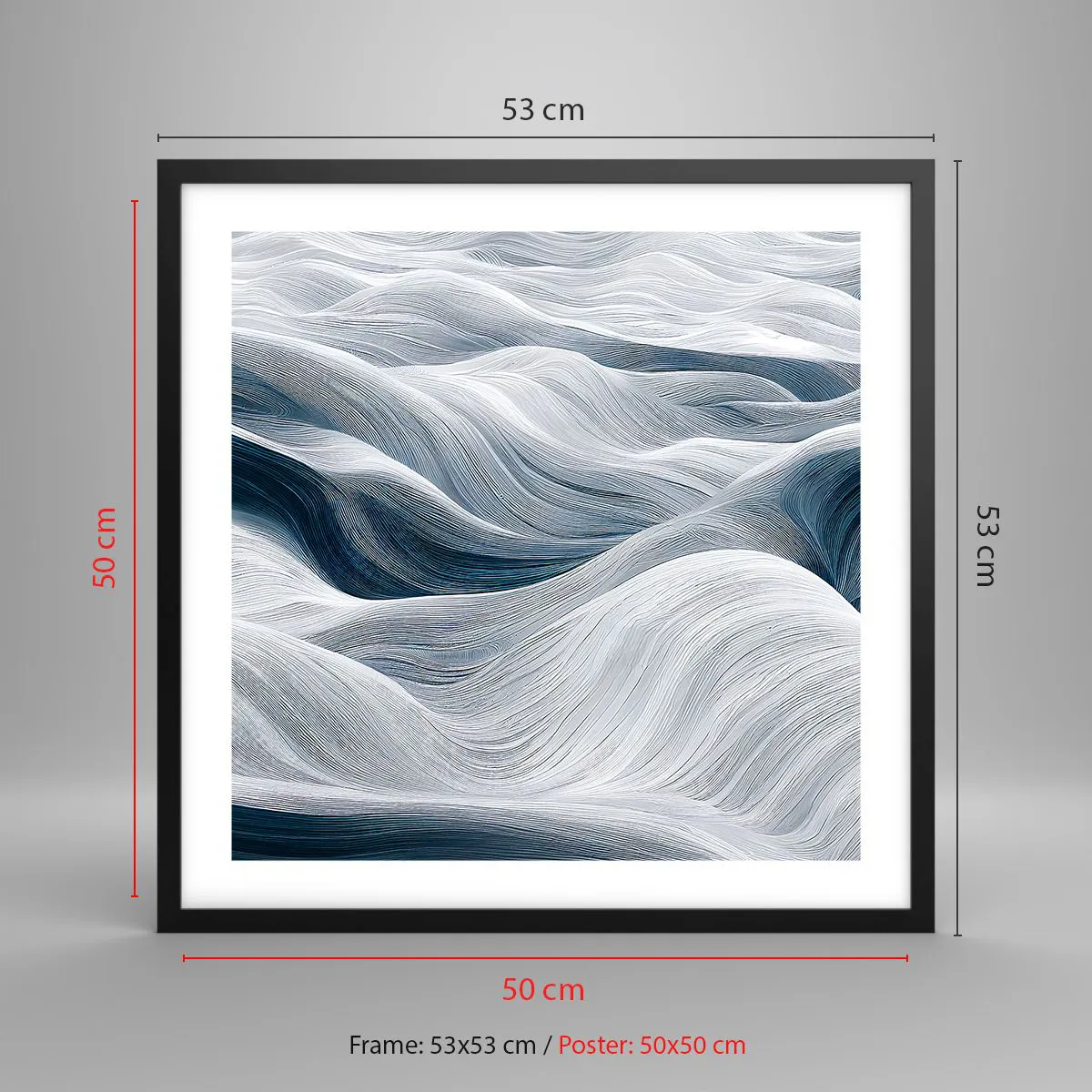 Plagát v čiernom ráme - Biele a modré vlny - 50x50 cm