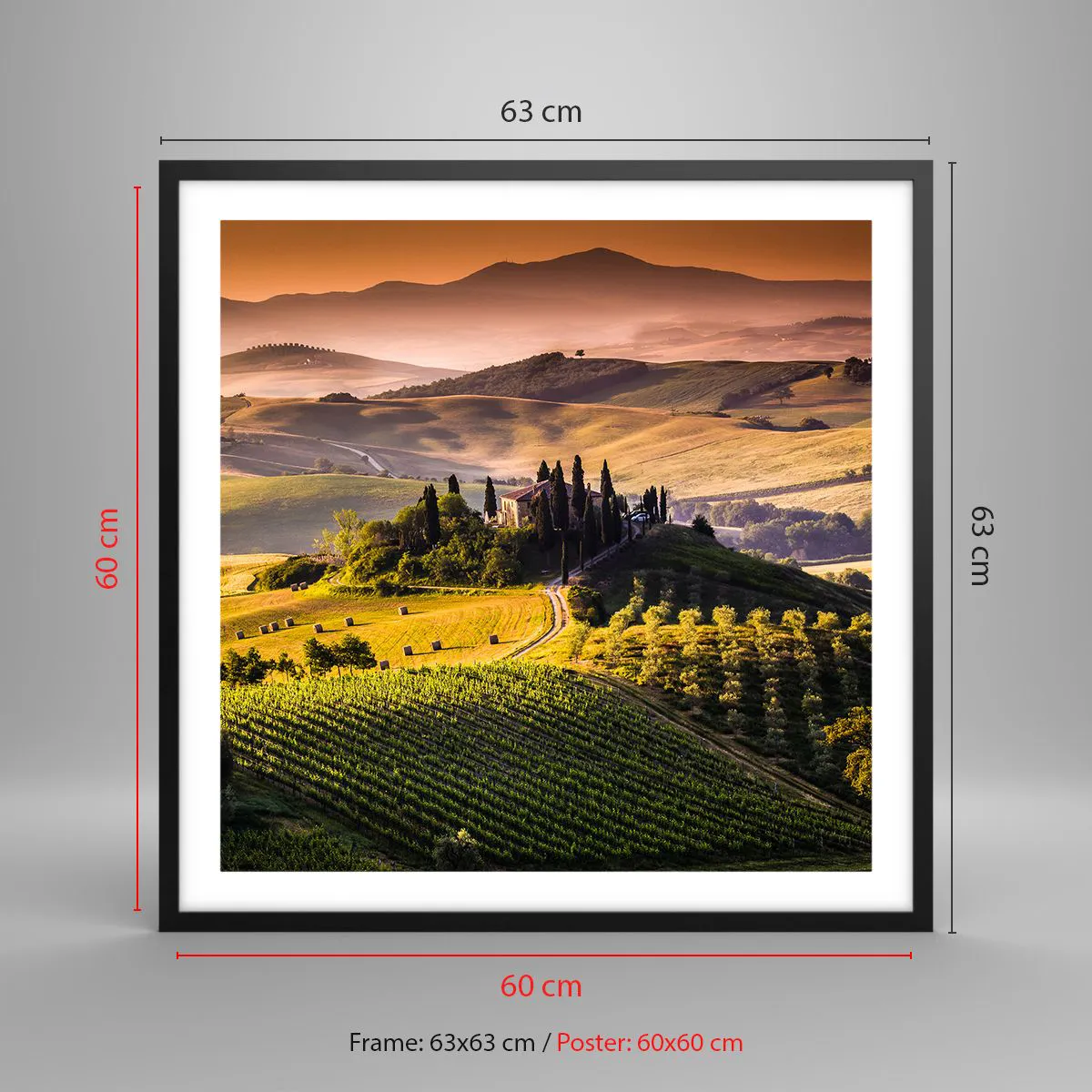 Affiche dans un cadre noir - Poster - Arcadie - le paysage toscan - 60x60 cm