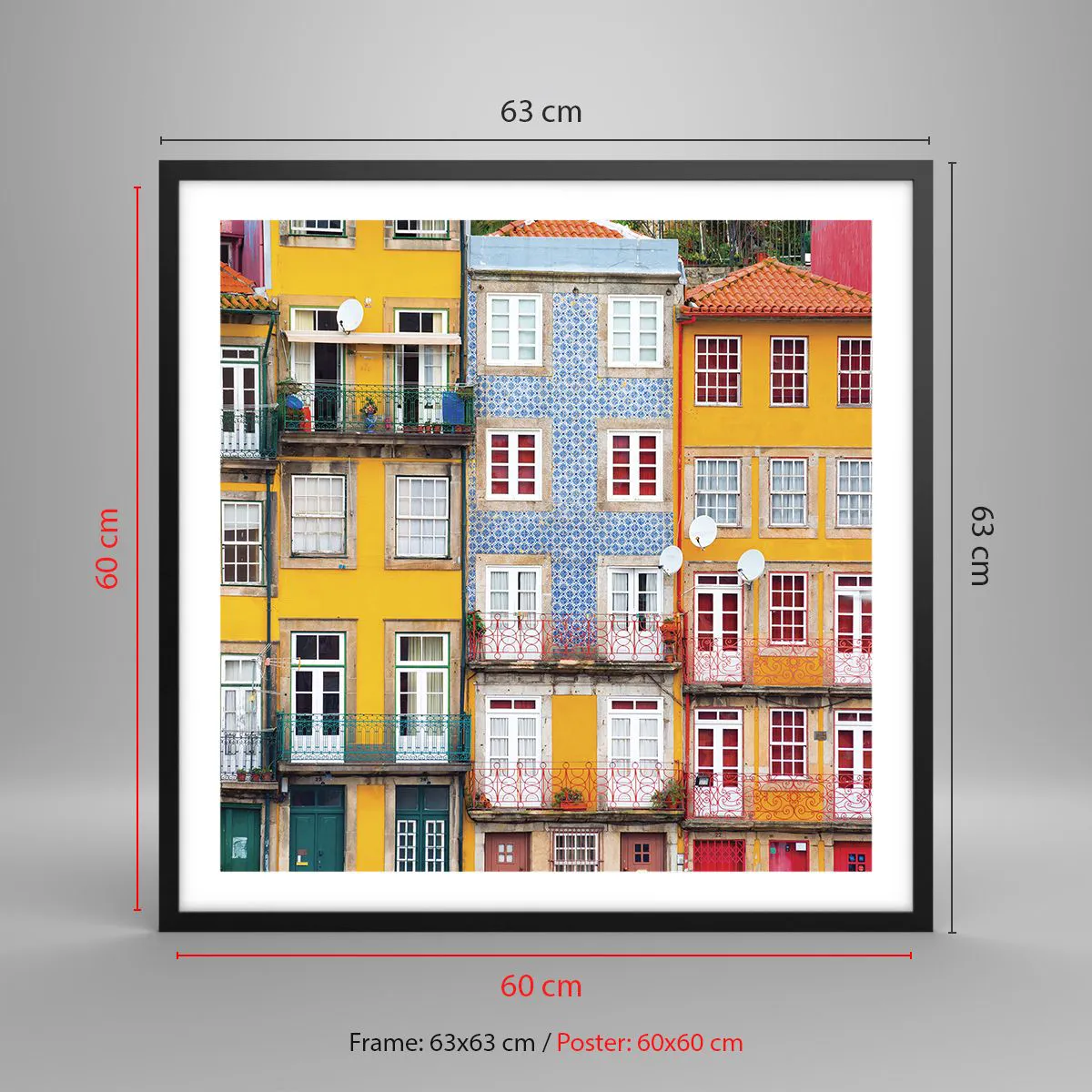 Plakat i sort ramme - Farverne i den gamle bydel - 60x60 cm