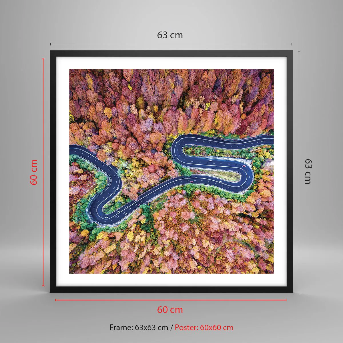 Poszter fehér keretben - Kanyargós út az erdőn keresztül - 60x60 cm