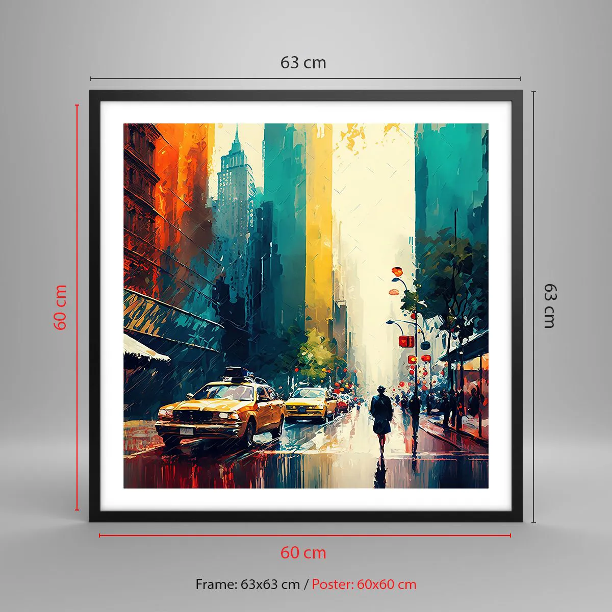 Plakat w czarnej ramie - Nowy Jork – tu nawet deszcz jest kolorowy - 60x60 cm