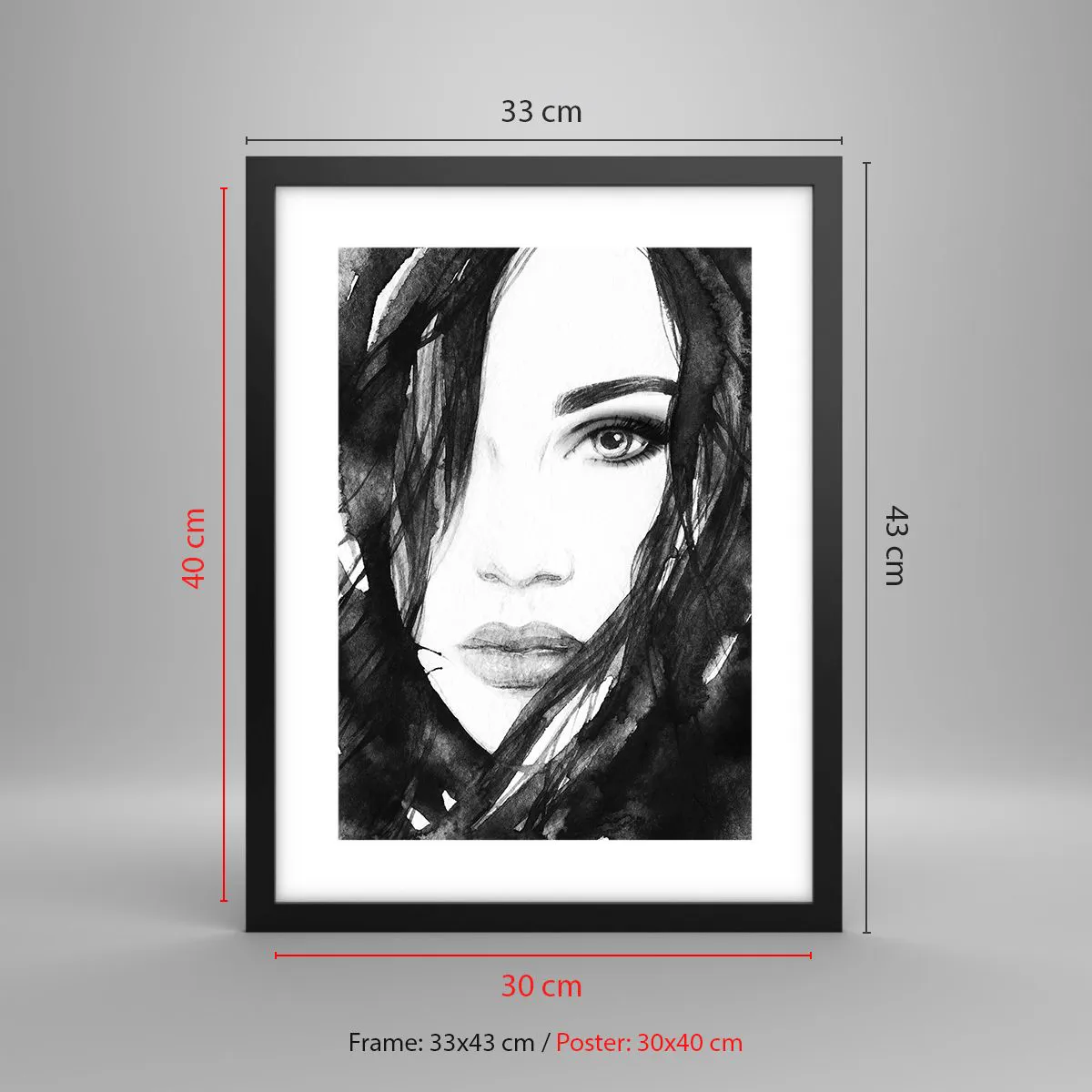 Poster în ramă neagră - Studiu unei dame în alb și negru - 30x40 cm