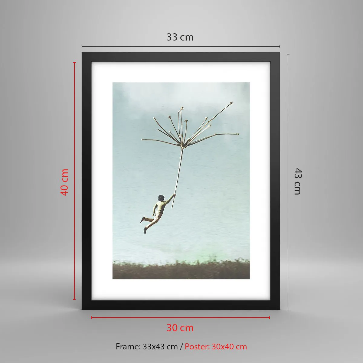 Affiche dans un cadre noir - Poster - Cerfs-volants, pissenlits, vent - 30x40 cm