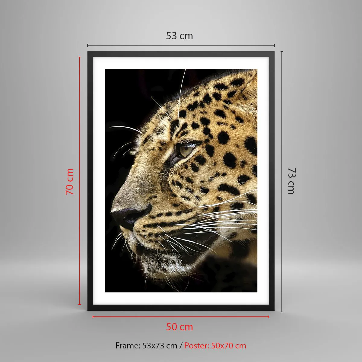 Pôster com moldura preta - Perfil de um leopardo em um fundo escuro - 50x70cm - Calmo, focado, pronto - Decoração de parede moderna para a sala de estar e quarto ARTTOR